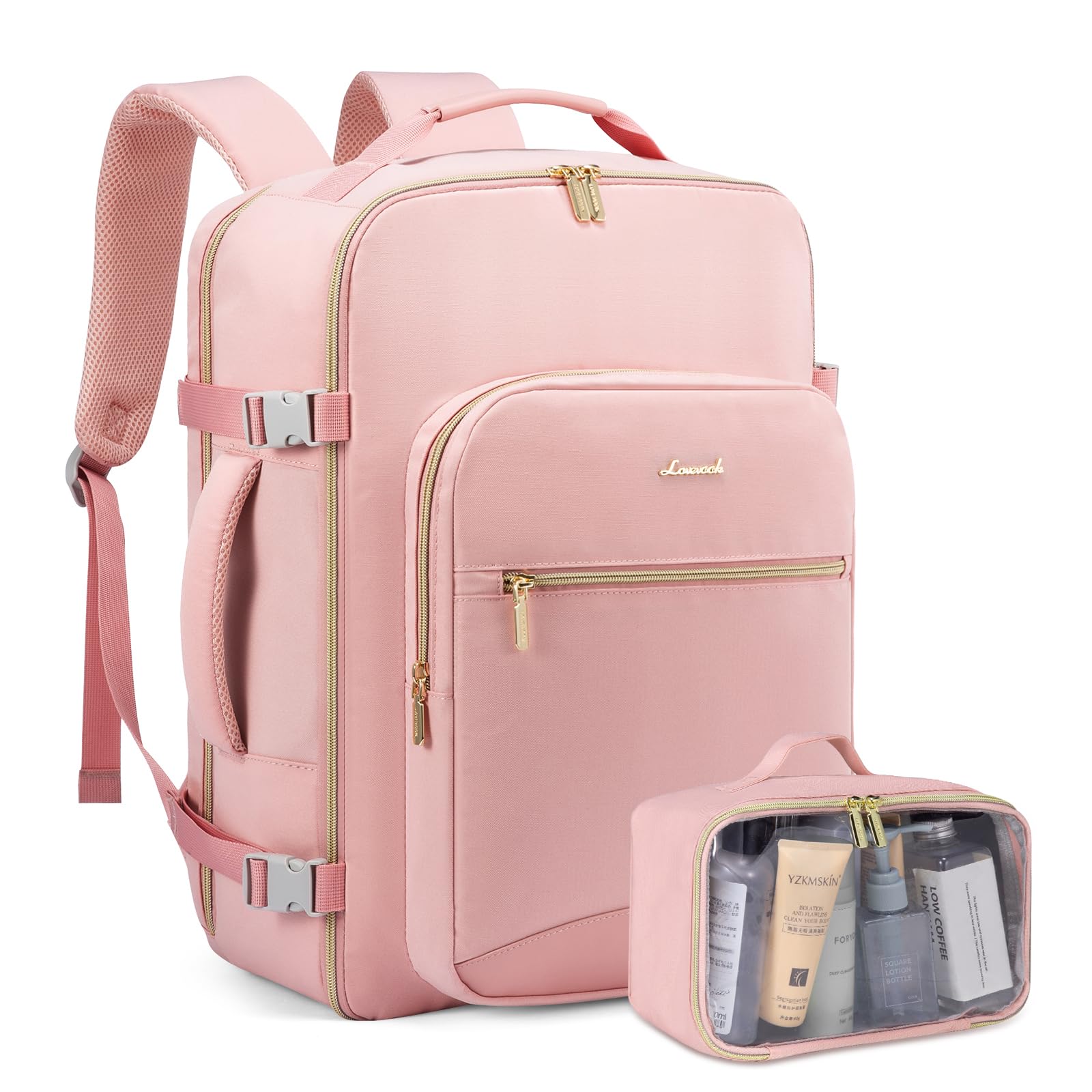 LOVEVOOK 17 Inch Waterproof Travel Backpack for Women - Flight Approved Carry On Backpack with Toiletry Bag, Large Laptop Backpack for Business, Weekender Overnight Bag - Perfect for Air Travel, Commuting & Weekend Getaways (Pink)