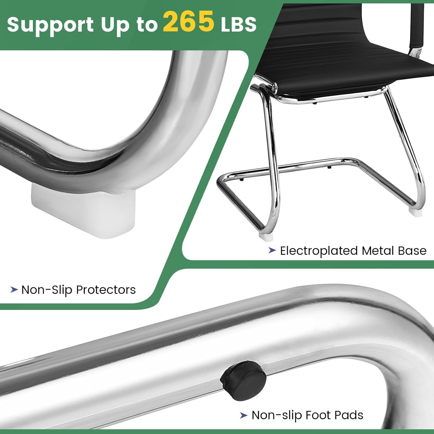 Powerstone Office Conference Room Chairs - Set of 2 No-Wheel Guest Chairs with Metal Sled Base, Mid Back PU Leather & Armrests - Black Reception Chairs for Meeting Rooms, Waiting Areas & Office Lobbies (Perfect for Corporate, Hotel & Clinic Settings)