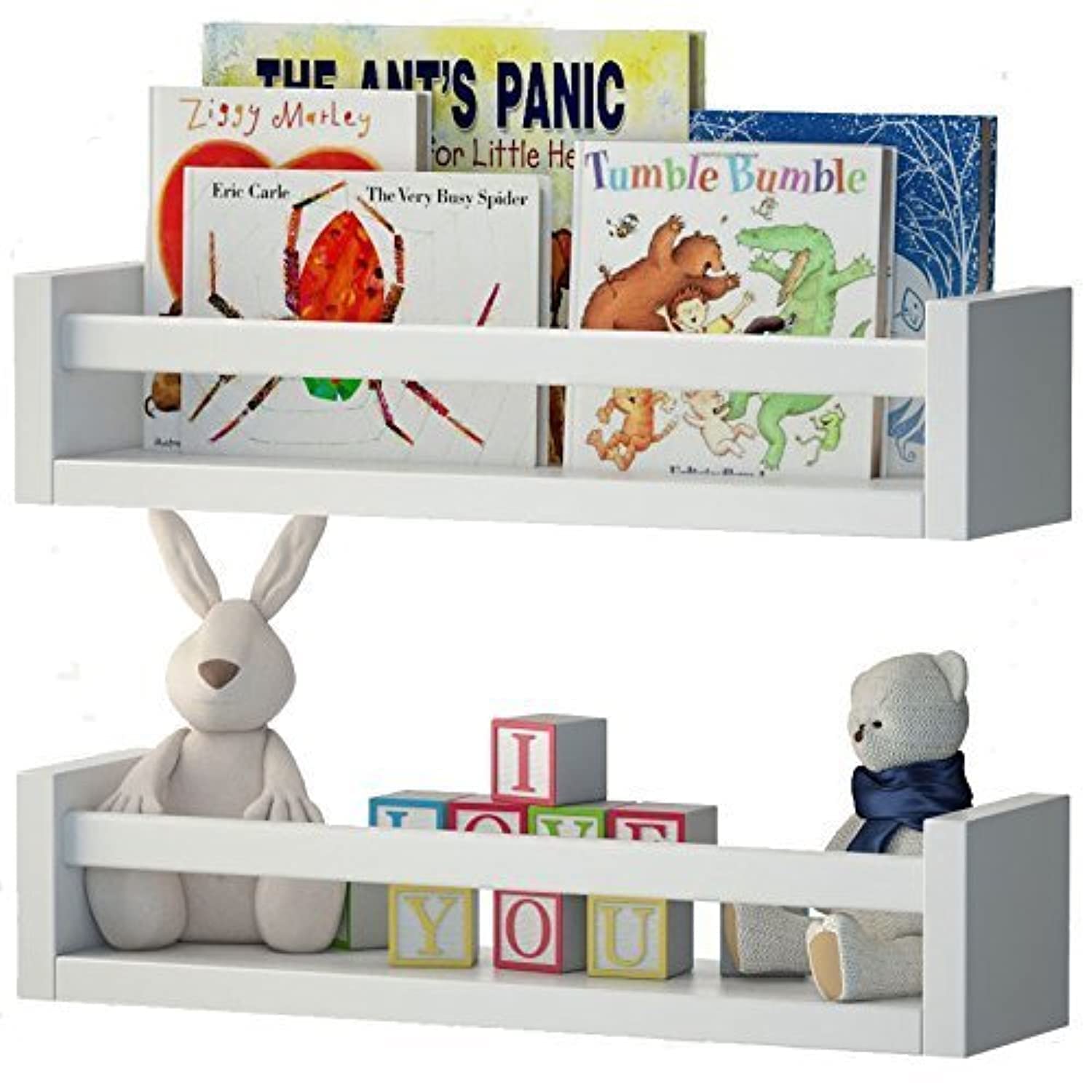 Set of 2 White Wood Wall Shelves for Nursery Room - Perfect for Baby Books, Toys & Decor Storage