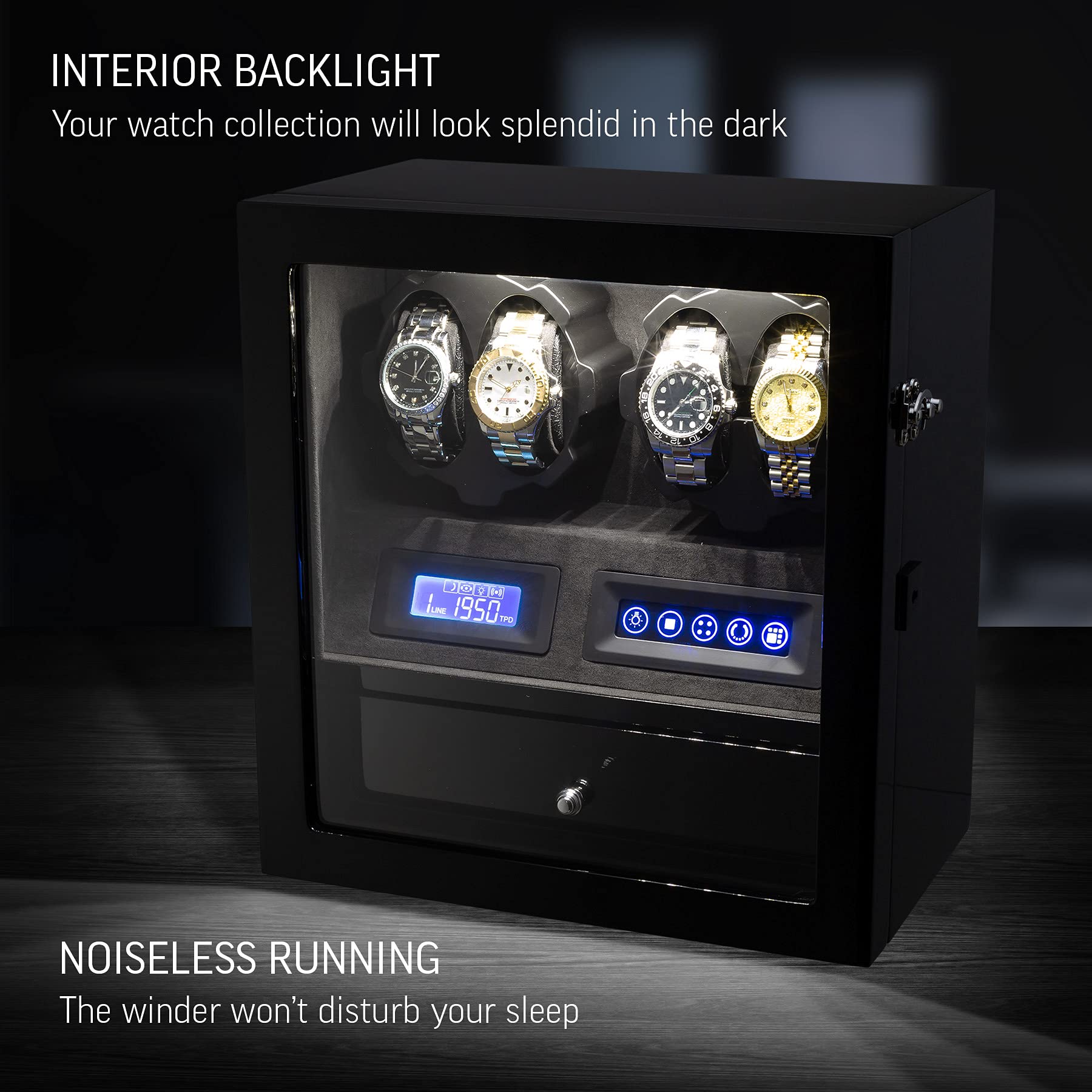4 Watch Winder with 5 Watch Storage Space - LCD Display, Touch Control & LED Interior Light | Automatic Watch Winder for Men & Women | Perfect for Watch Collectors, Display Cases & Nightstands