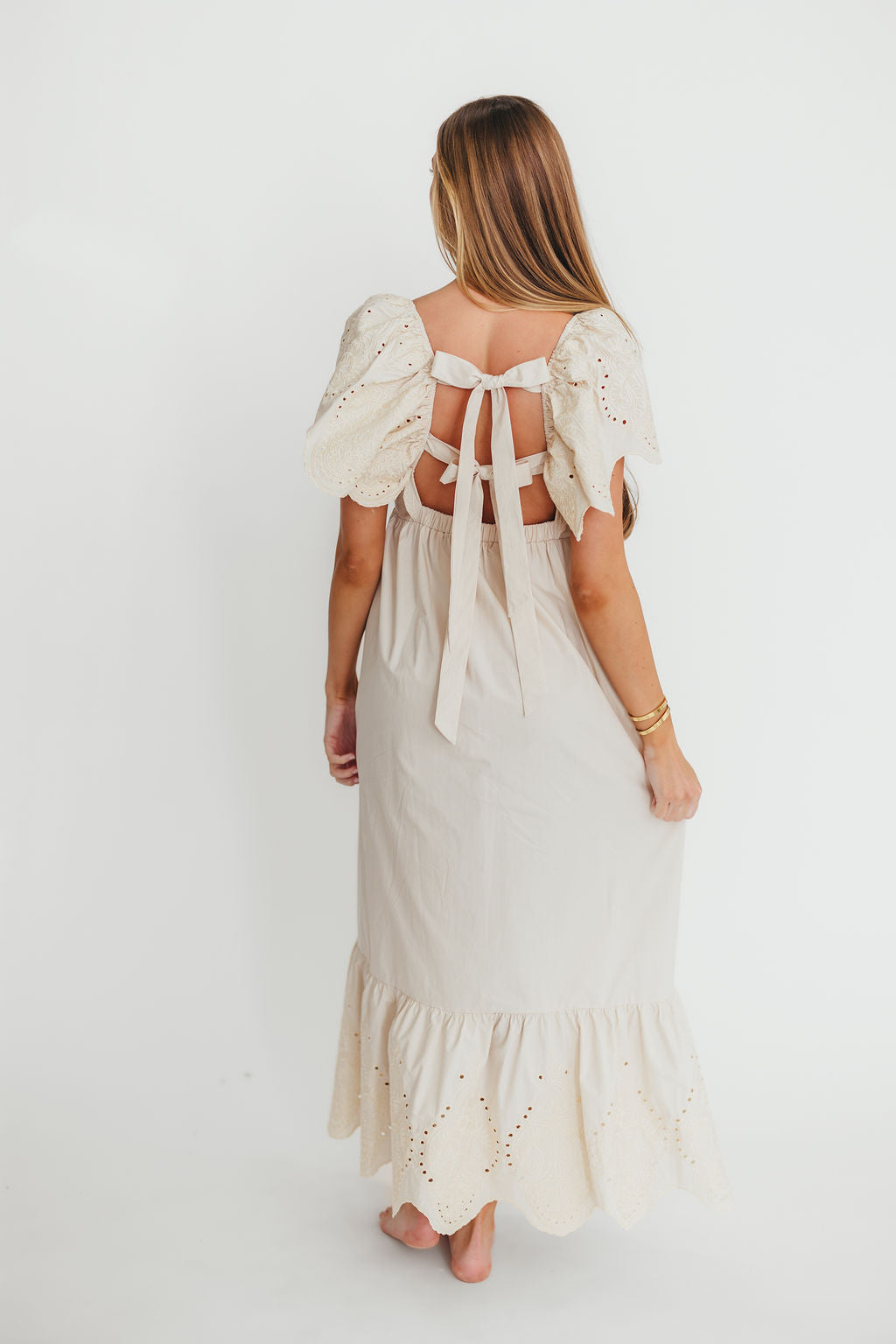Brooklyn 100% Cotton Eyelet Detail Maxi Dress in Natural - Flowy Summer Dress for Beach, Wedding & Casual Wear | Breathable & Comfortable Women's Fashion