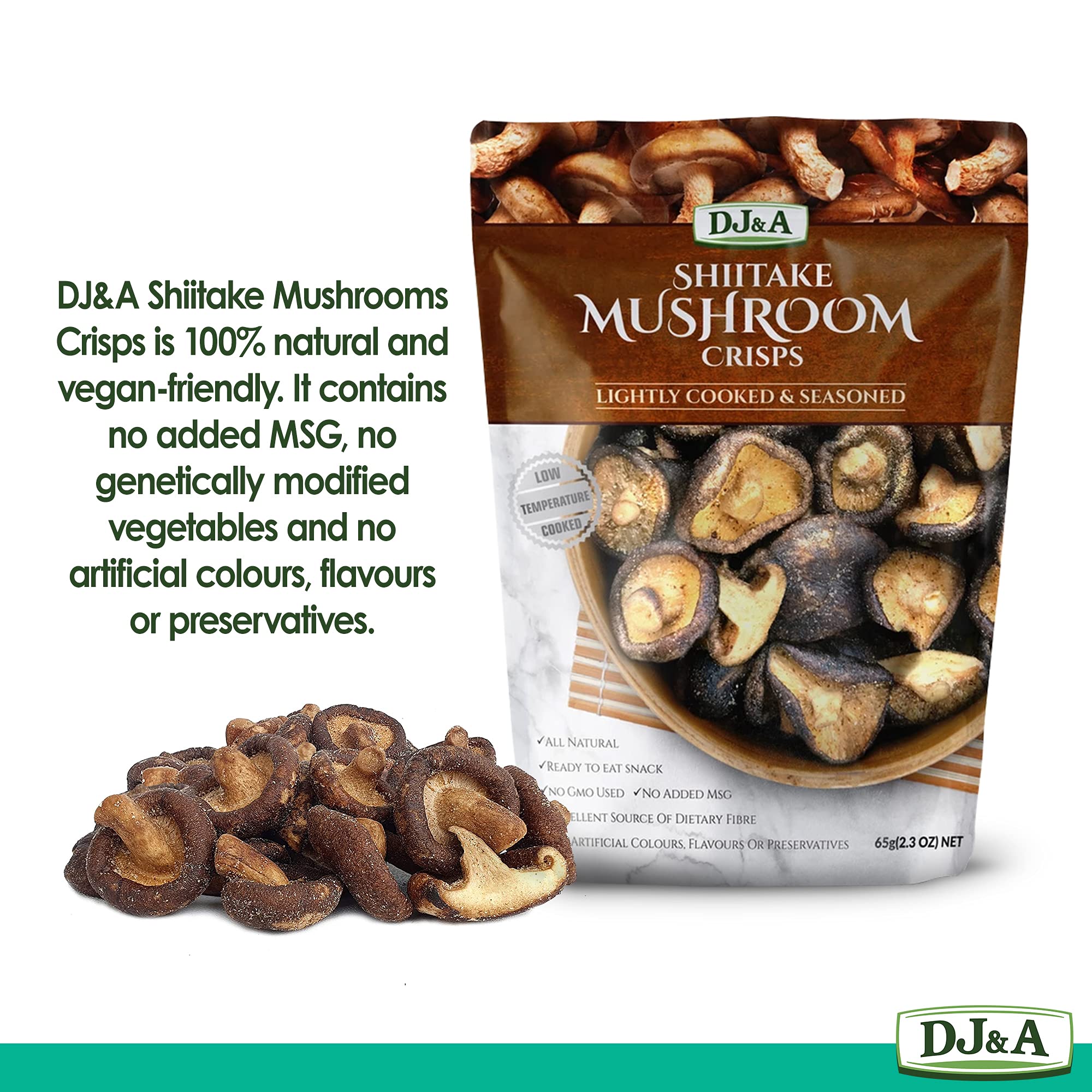 DJ&A Shiitake Mushroom Vegetable Crisps – Vegan, Non-GMO, Lightly Cooked & Seasoned Snacks – 65g (Pack of 9) – Perfect for Healthy Snacking, Office Lunch, or Outdoor Adventures
