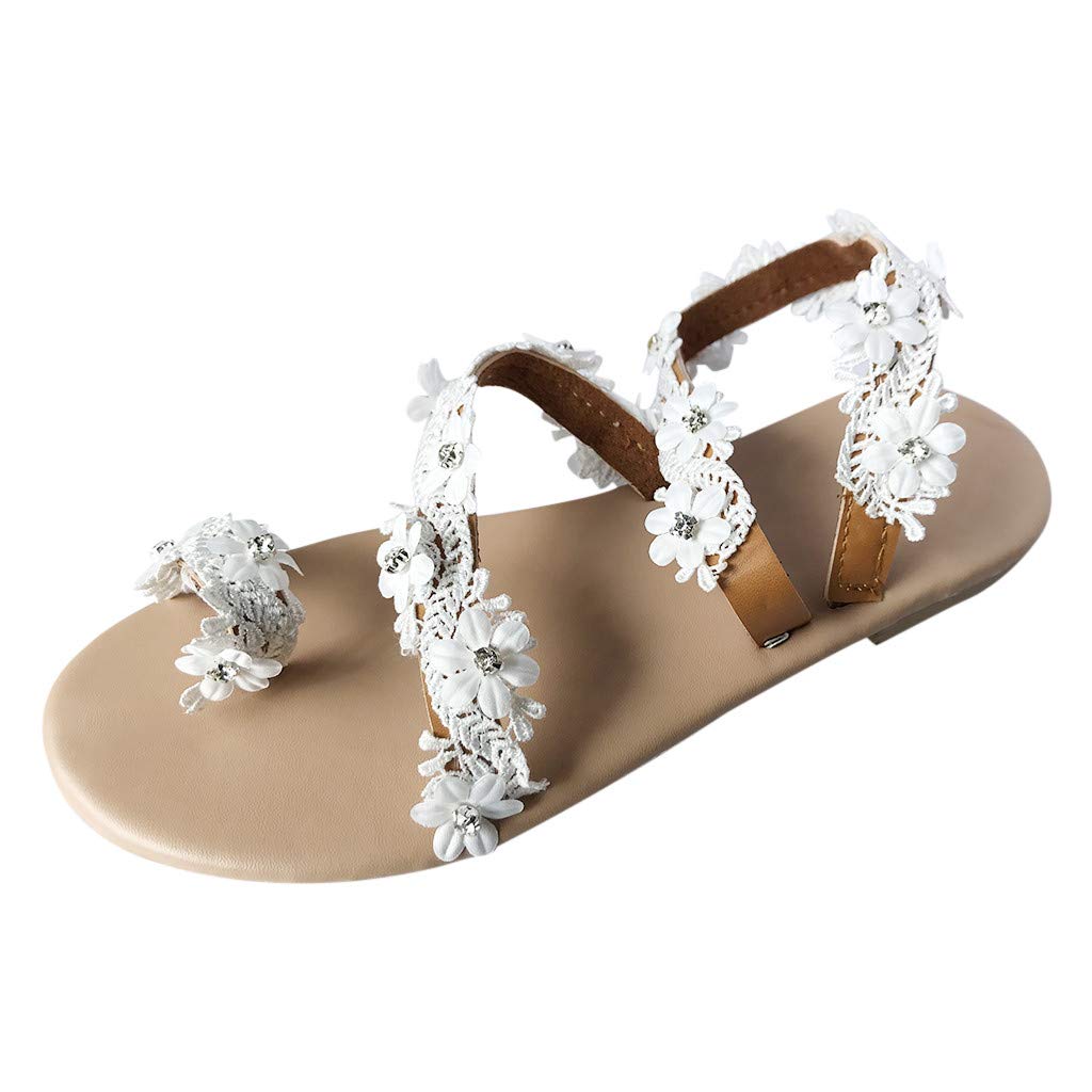 **Bohemian Women's Casual Flat Sandals - Roman Flower Beach Slippers for Girls (White, Size 6) | Perfect for Summer Vacations, Beach Trips & Boho Fashion Outfits**