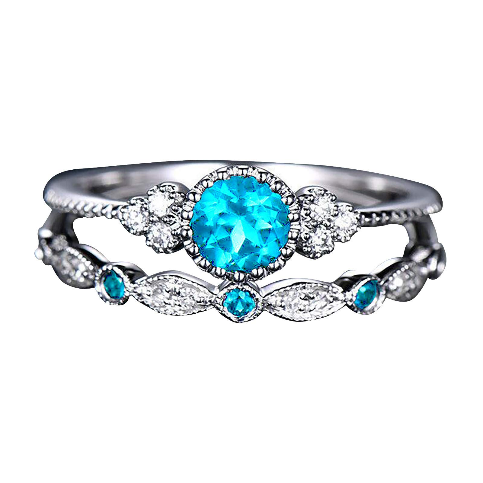 Sparkling Natural Gemstone Wedding Ring Set for Couples - 2 Piece Emerald & Sapphire Rings for Women, Girlfriend & Mother - Size 7 Sky Blue | Anniversary, Engagement & Romantic Gift Idea