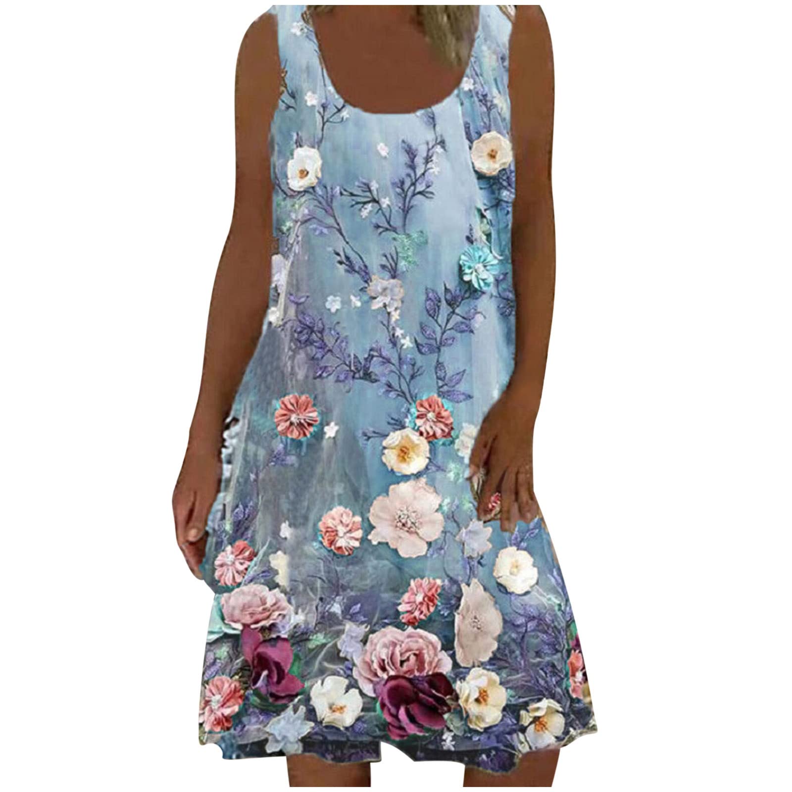 Vintage Floral Print Women's Summer Dress - Round Neck Sleeveless Tank Dress, Loose Knee-Length Beach Dress for Casual Wear, Vacation & Outdoor Activities