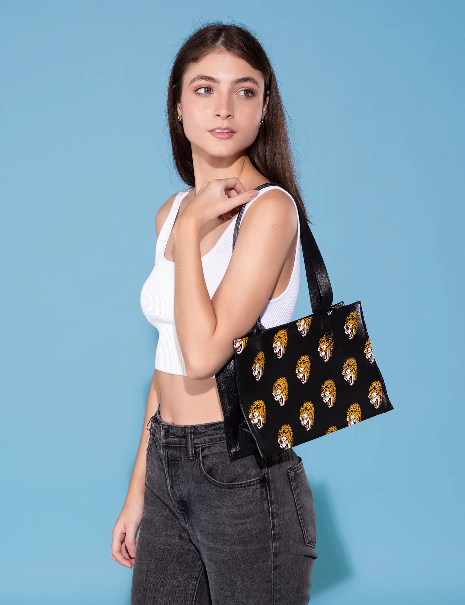 Stylish Marko Small Black Leather Tote Bag with Exquisite Blazing Tiger Print - Perfect for Work, Travel & Everyday Use