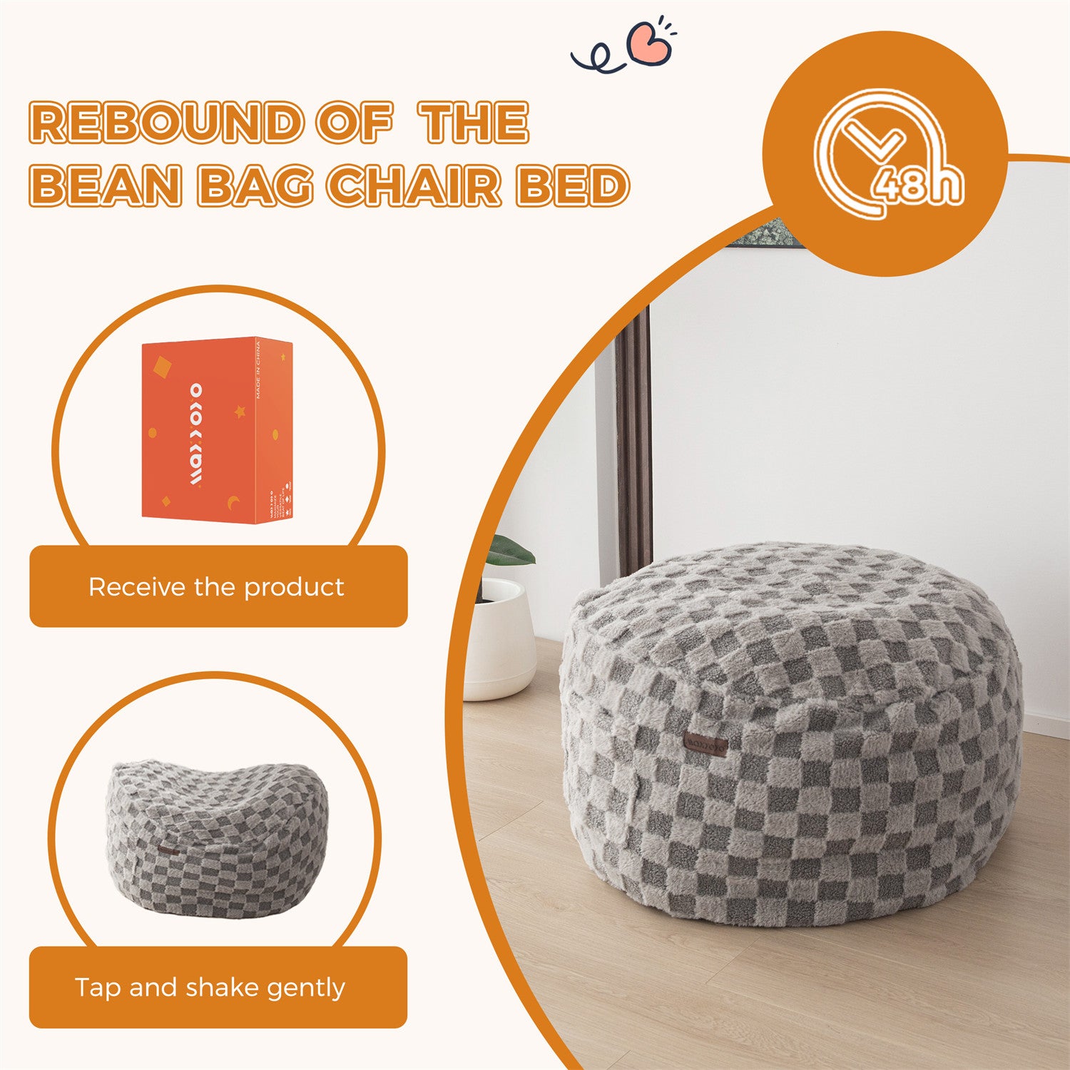 MAXYOYO Kids Bean Bag Chair Convertible to Bed - Soft Jacquard Shaggy Plush Removable Cover, Grey Plaid Design for Boys & Girls - Perfect for Playroom, Bedroom, Dorm or Lounge Area
