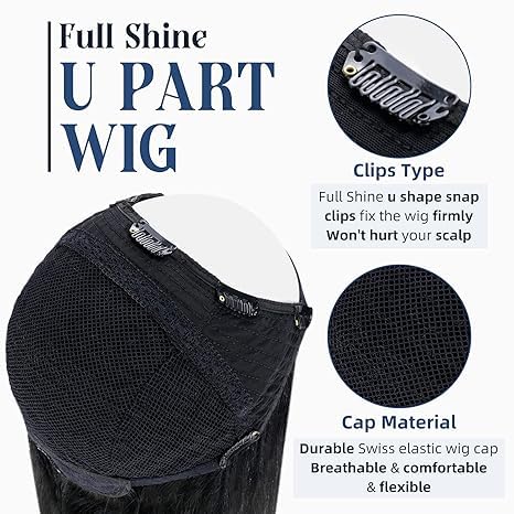 Full Shine U Part Wig Extensions - 18 Inch Silky Straight Remy Human Hair Clip-In Half Wig - Jet Black 150g for Long Hair - Perfect for Daily Wear, Parties & Special Occasions