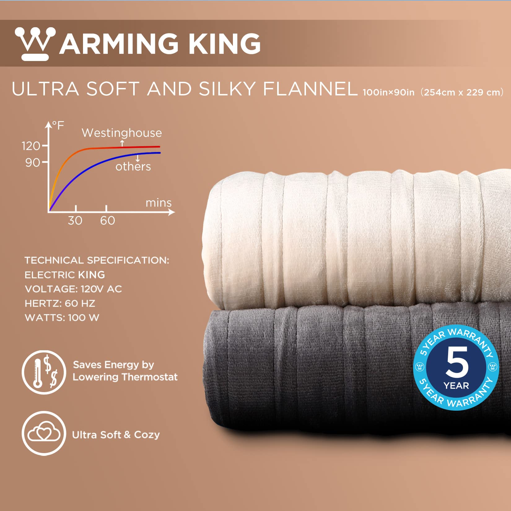 Westinghouse King Size Electric Heated Blanket - 10 Heat Settings, Auto Shut Off, Fast Warming, Machine Washable (100x90 Inches, Charcoal) - Perfect for Cold Winter Nights, Bedroom Comfort & Cozy Home Relaxation