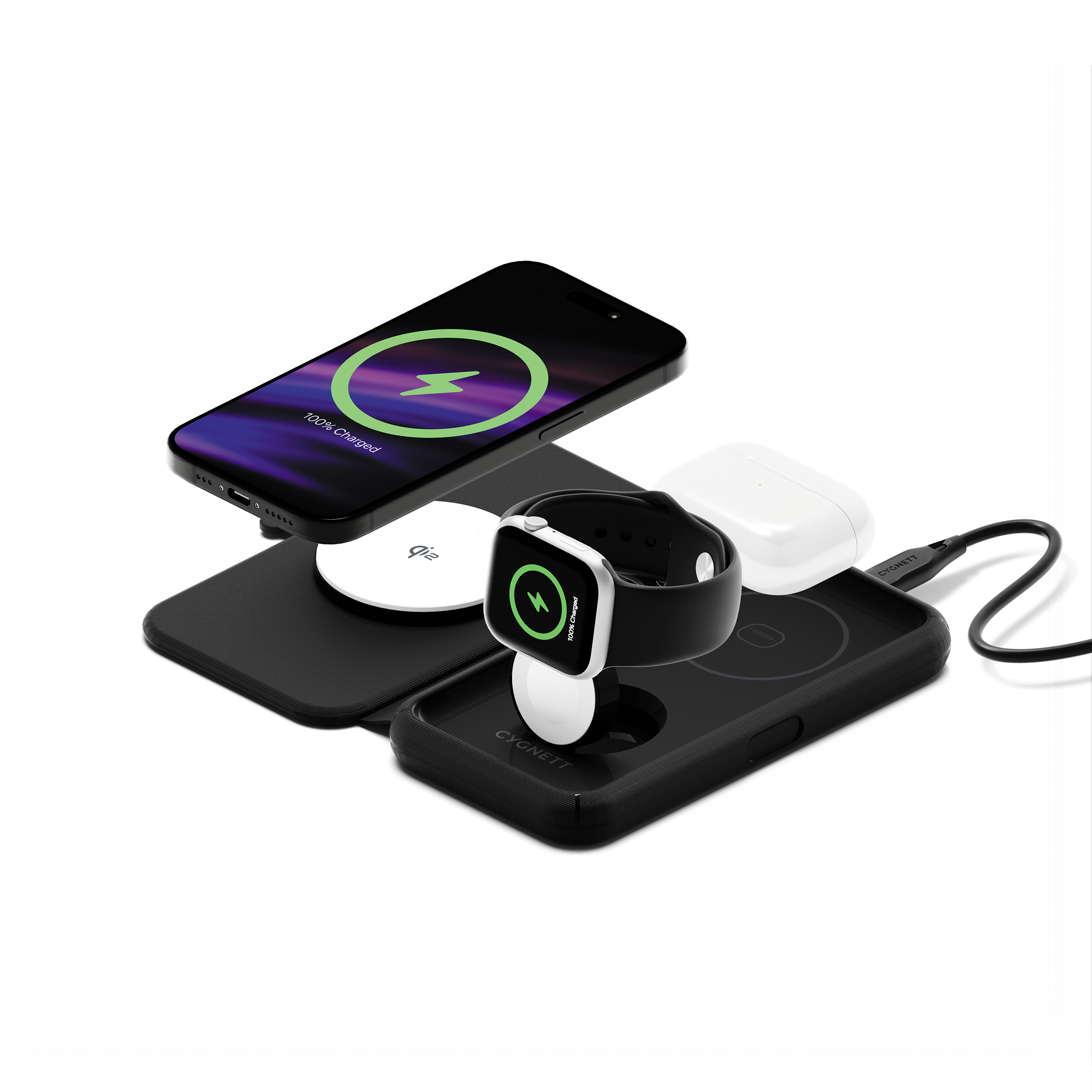 MagTravel Qi2.0 3-in-1 Wireless Charger Stand for iPhone 15/14/13, Samsung Galaxy, AirPods - Fast Charging Pad for Bedside, Office & Travel