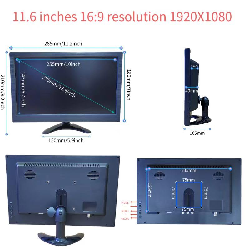 Upinva 11.6 Inch CCTV Security Monitor - Full HD 1920x1080 Resolution, HDMI/AV/BNC/VGA/USB Inputs for Surveillance Cameras & Computer Display - Ideal for Home Security Systems & Business Monitoring
