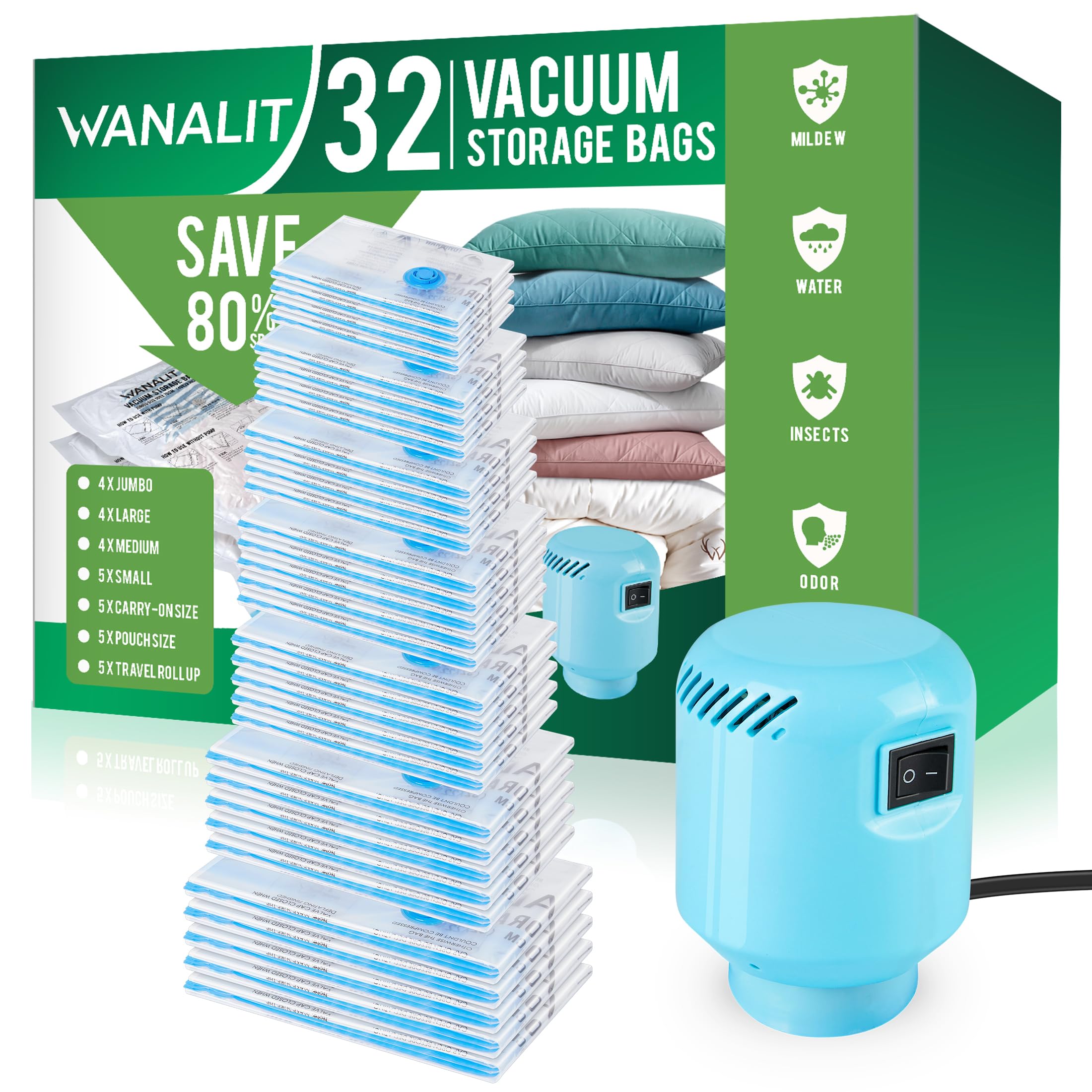 32 Pack Vacuum Storage Bags with Electric Pump | Space Saver Bags for Clothes, Blankets & Travel | 2 Compression Modes | Perfect for Home Organization & Seasonal Storage