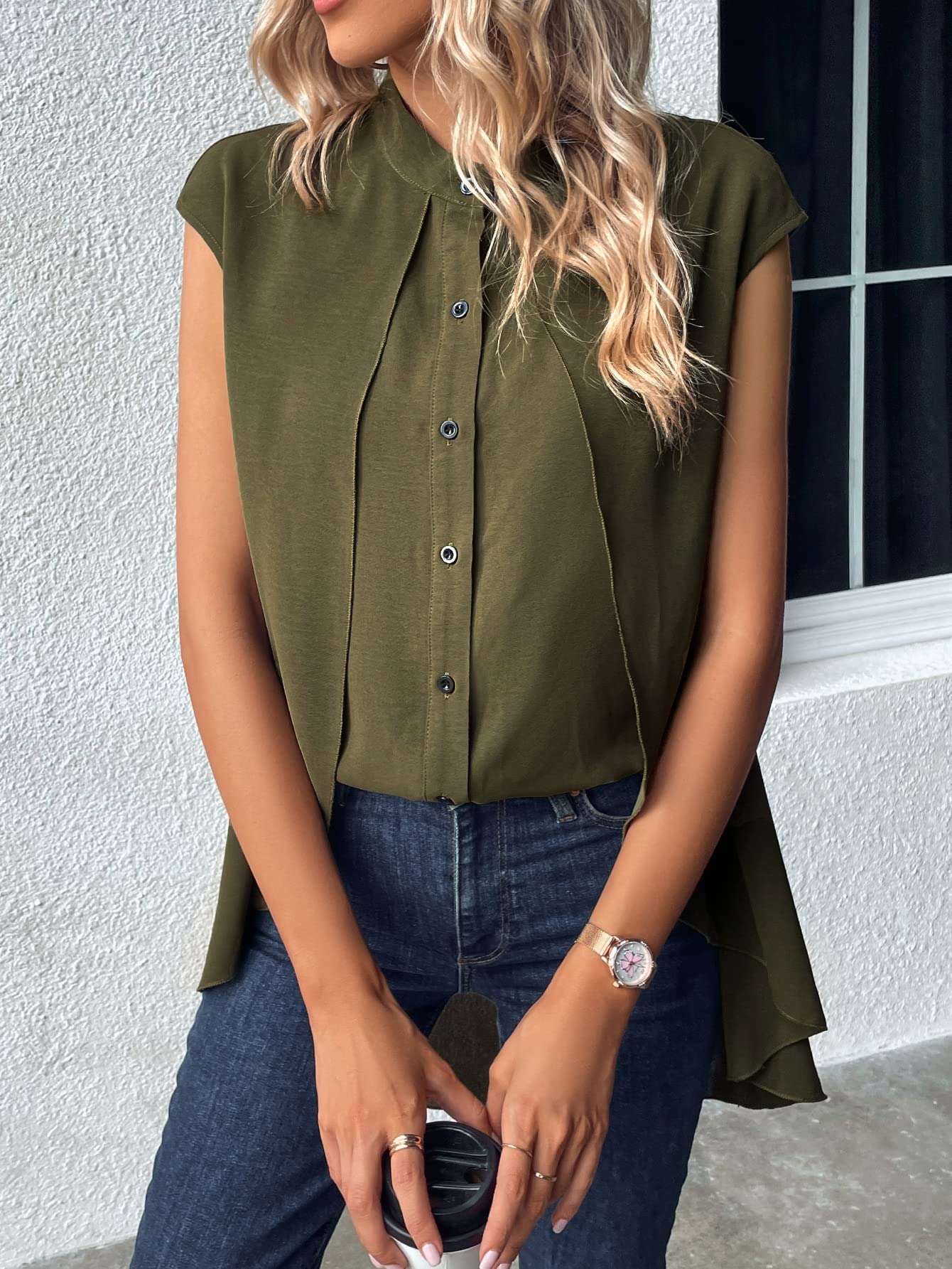 OYOANGLE Women's Button Down Blouse with Cap Sleeves & Stand Collar - High Low Hem Longline Shirt for Work & Casual Wear | Office Outfits, Business Meetings, Date Nights