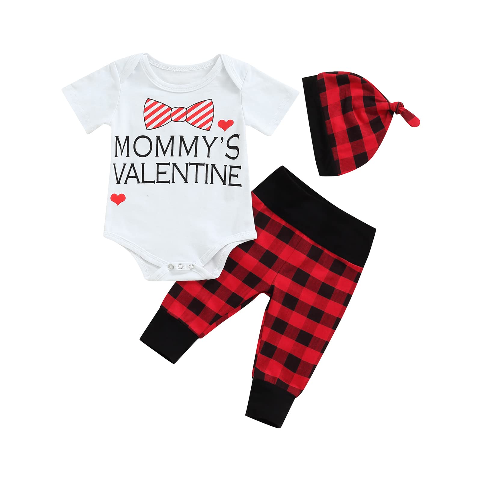 Baby Valentine's Day Outfit - Newborn Infant Girl & Boy Letter Print White Romper with Plaid Pants & Hat Set | Perfect for Valentine's Photos, Holiday Parties & First Celebrations