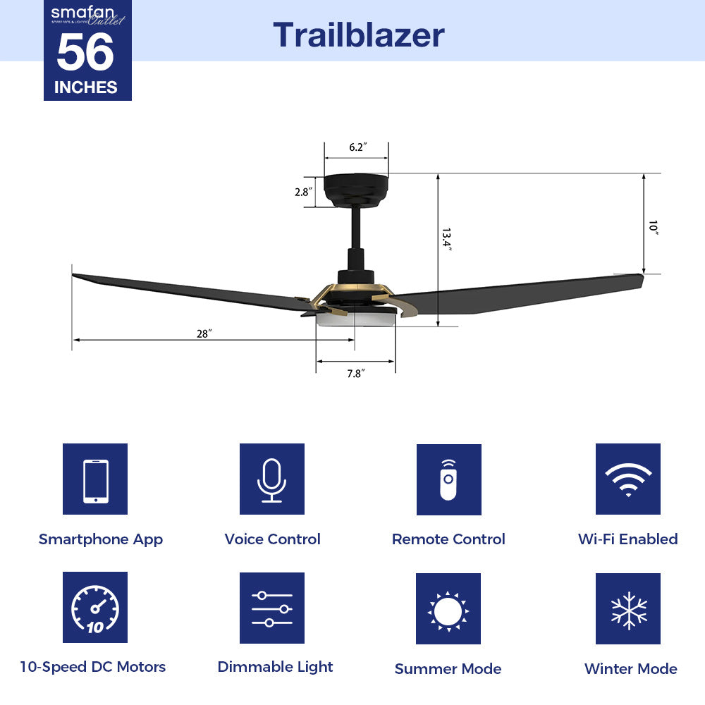 Trailblazer 56 Inch Smart Ceiling Fan with LED Light & Remote Control - Perfect for Outdoor Patio, Deck, and Backyard Relaxation