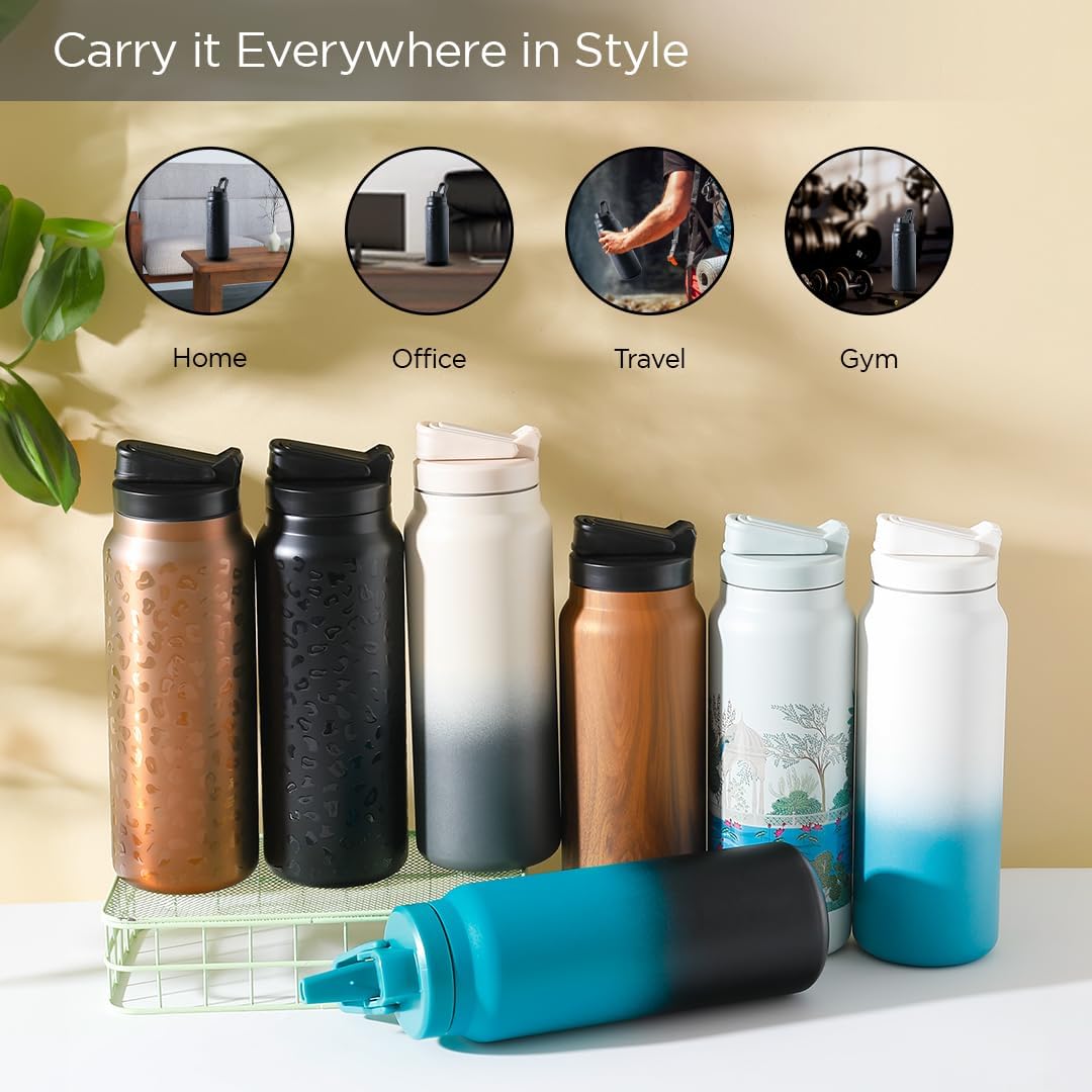 Kuber Industries 900ml Vacuum Insulated Water Bottle - Leopard Print Stainless Steel Travel & Gym Bottle with Sipper Cap | Keeps Hot & Cold for 24 Hours | Perfect for Hiking, Workouts, Office & Outdoor Adventures | Model DA230805 in Golden