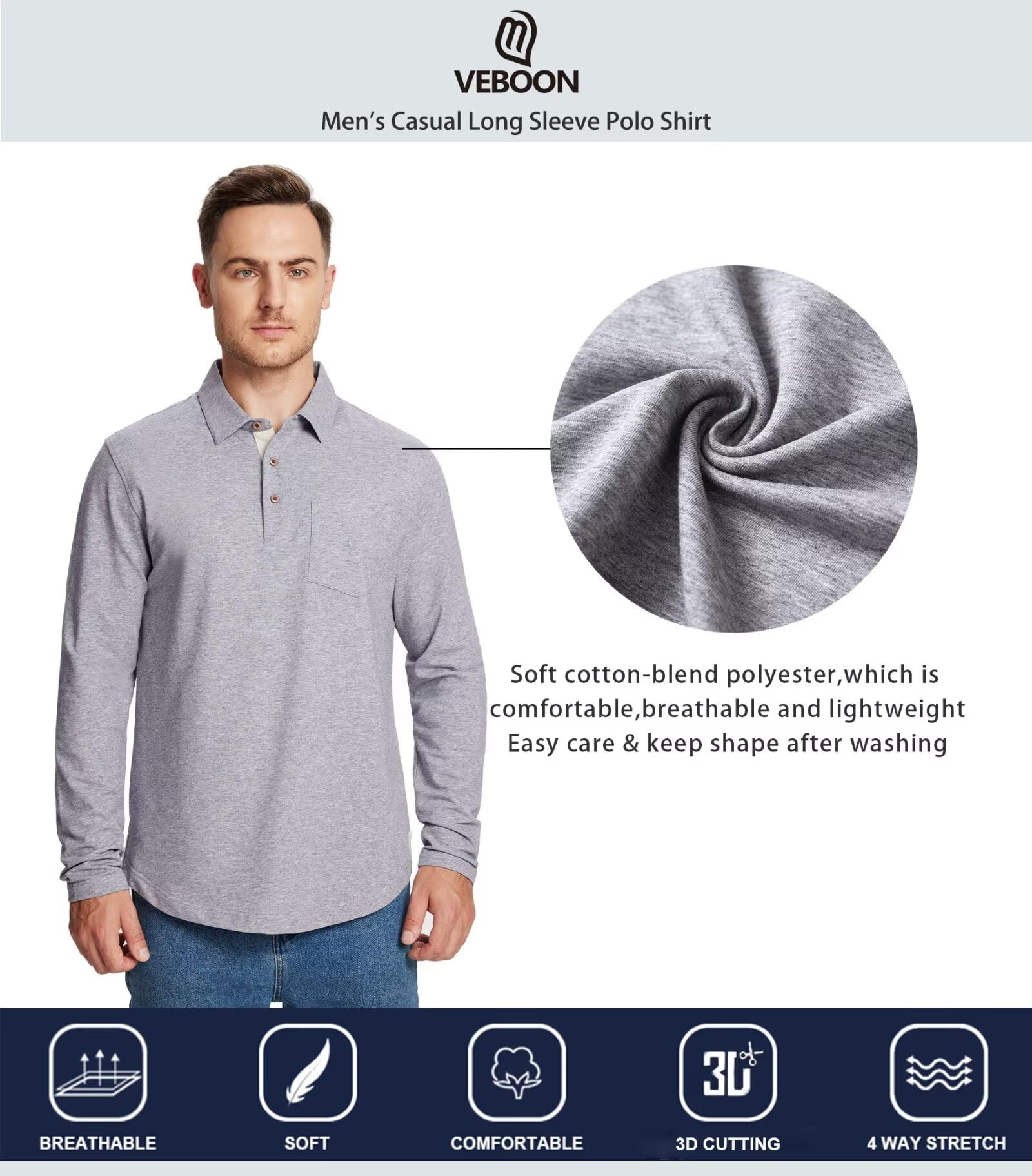 Men's Long & Short Sleeve Polo Shirts - Breathable Cotton Blend Casual Shirts with Pocket & Drop Cut Collar | Perfect for Golf, Office & Everyday Wear