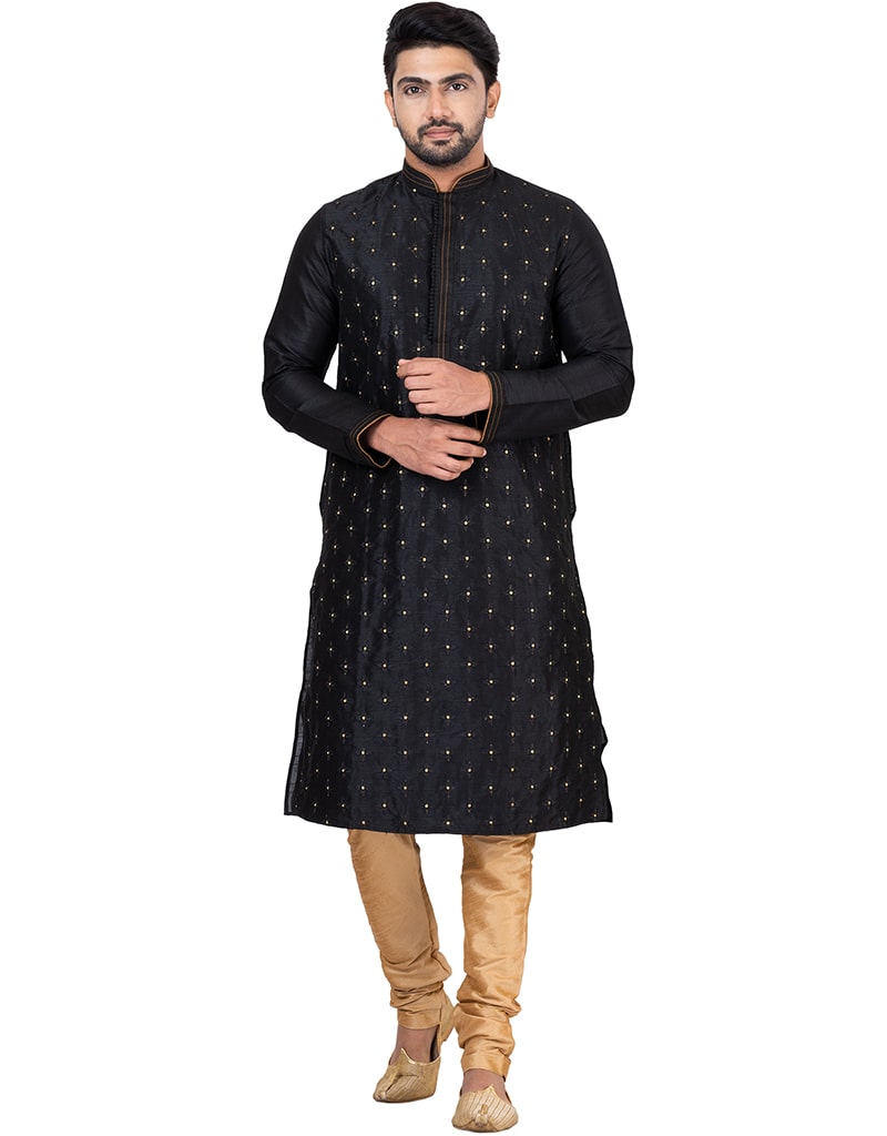 Premium Black Dupion Silk Kurta with Churidar Set - Elegant Indian Ethnic Wear for Festivals, Weddings & Special Occasions