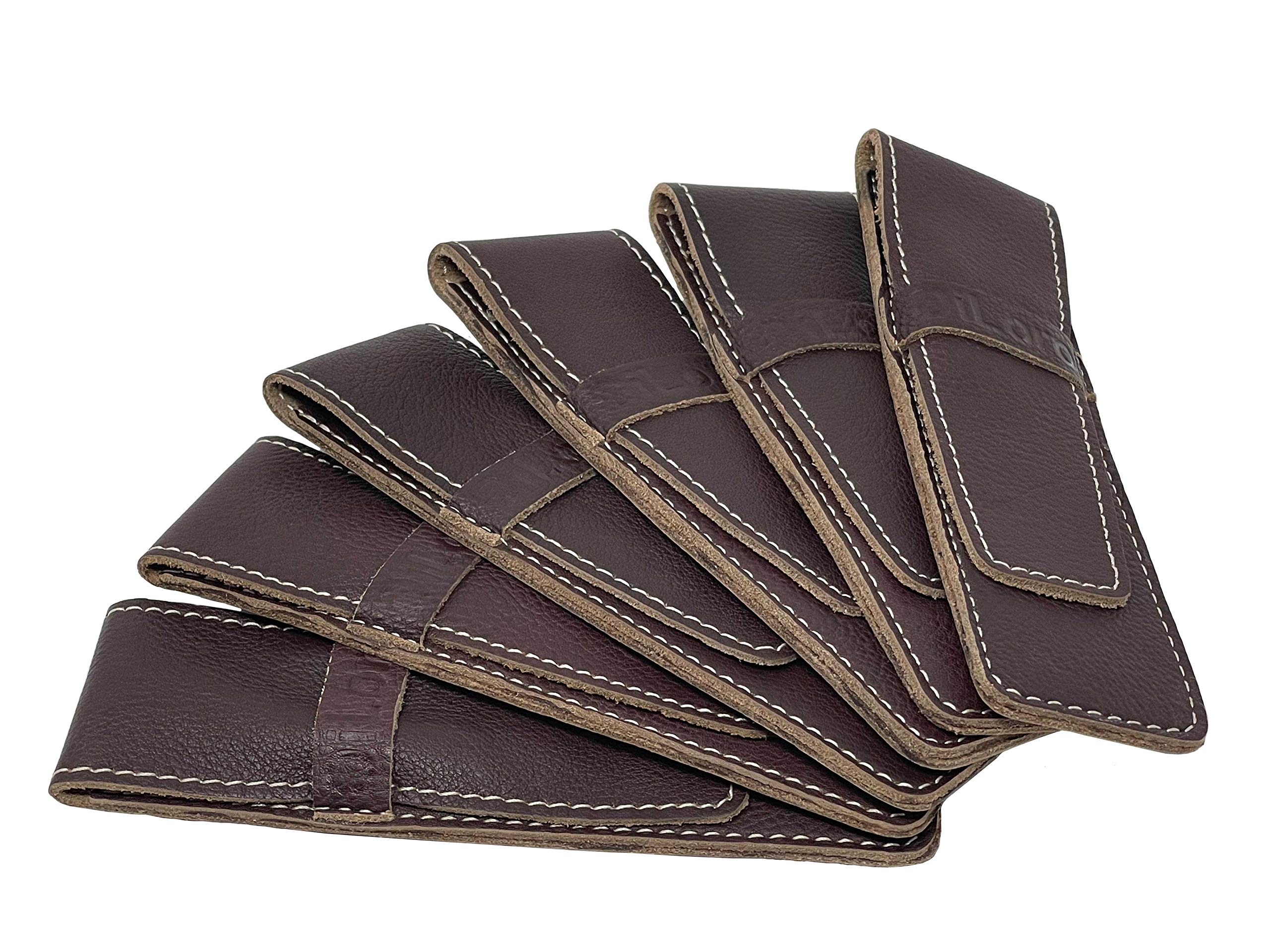 Genuine Leather Pen Case Holder - 6 Pack, Brown Cowhide for Office & School