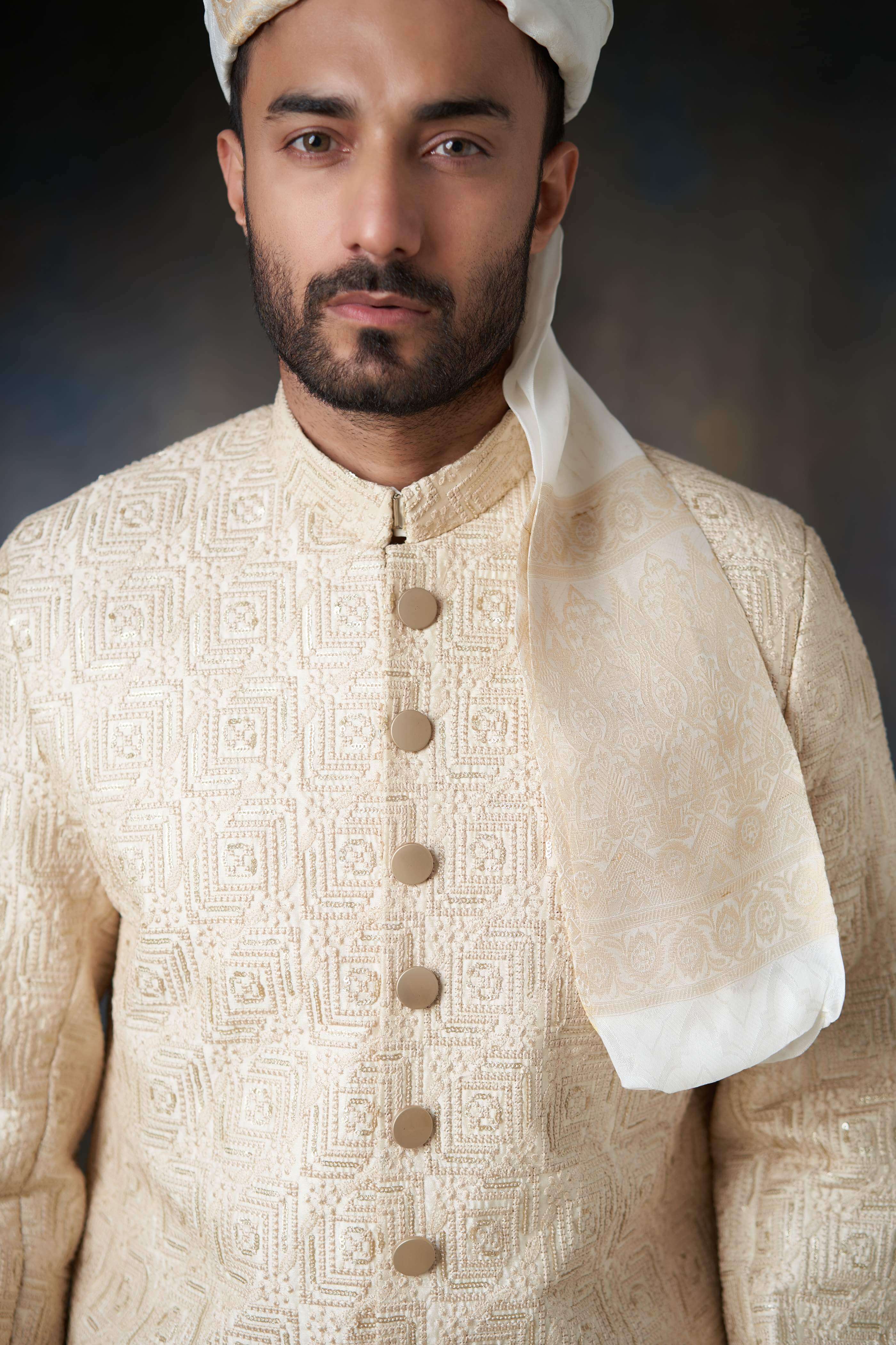 Elegant Fawn Gold Raw Silk Sherwani for Men - Custom AI Signature Buttons | Perfect for Weddings, Festivals & Special Occasions