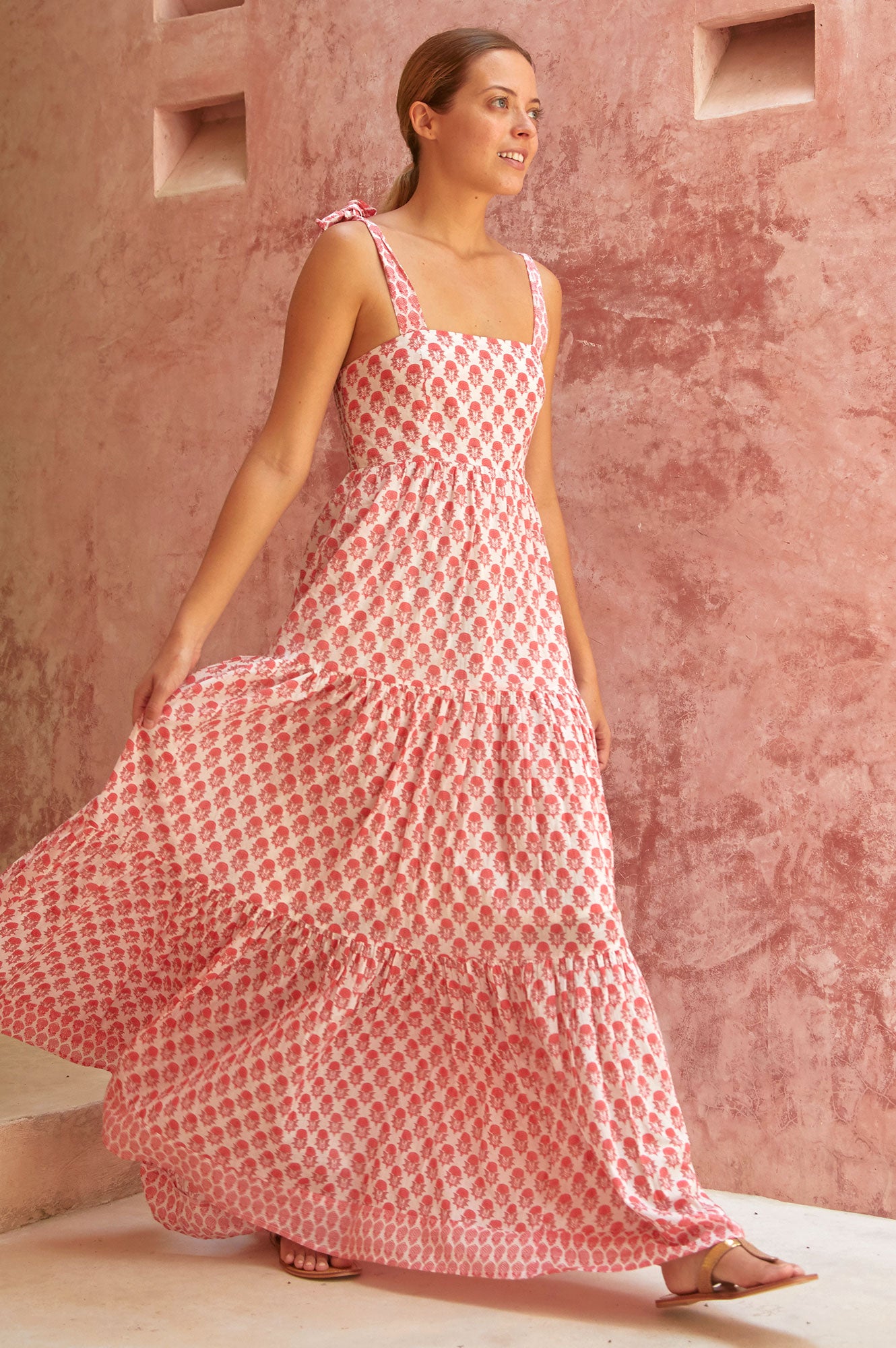 Tabitha Organic Cotton Maxi Dress for Women | Floral Pineapple Coral Print | Summer Beach Dress, Boho Chic Outfit for Vacation & Outdoor Parties