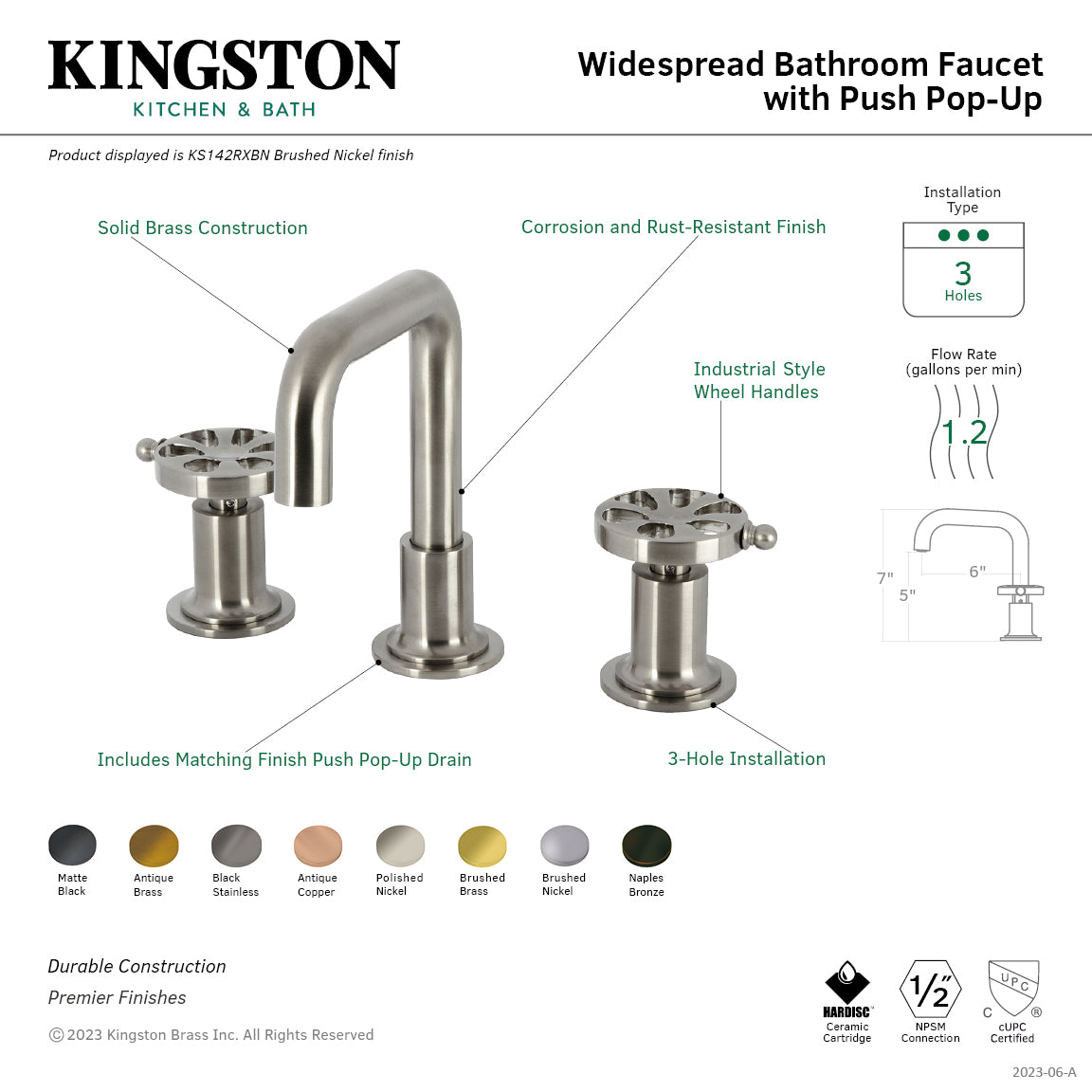 Belknap KS142RXMB Matte Black Widespread Bathroom Faucet - 3 Hole Deck Mount with Push Pop Up Drain - Perfect for Modern Bathroom Renovations and Luxury Home Upgrades