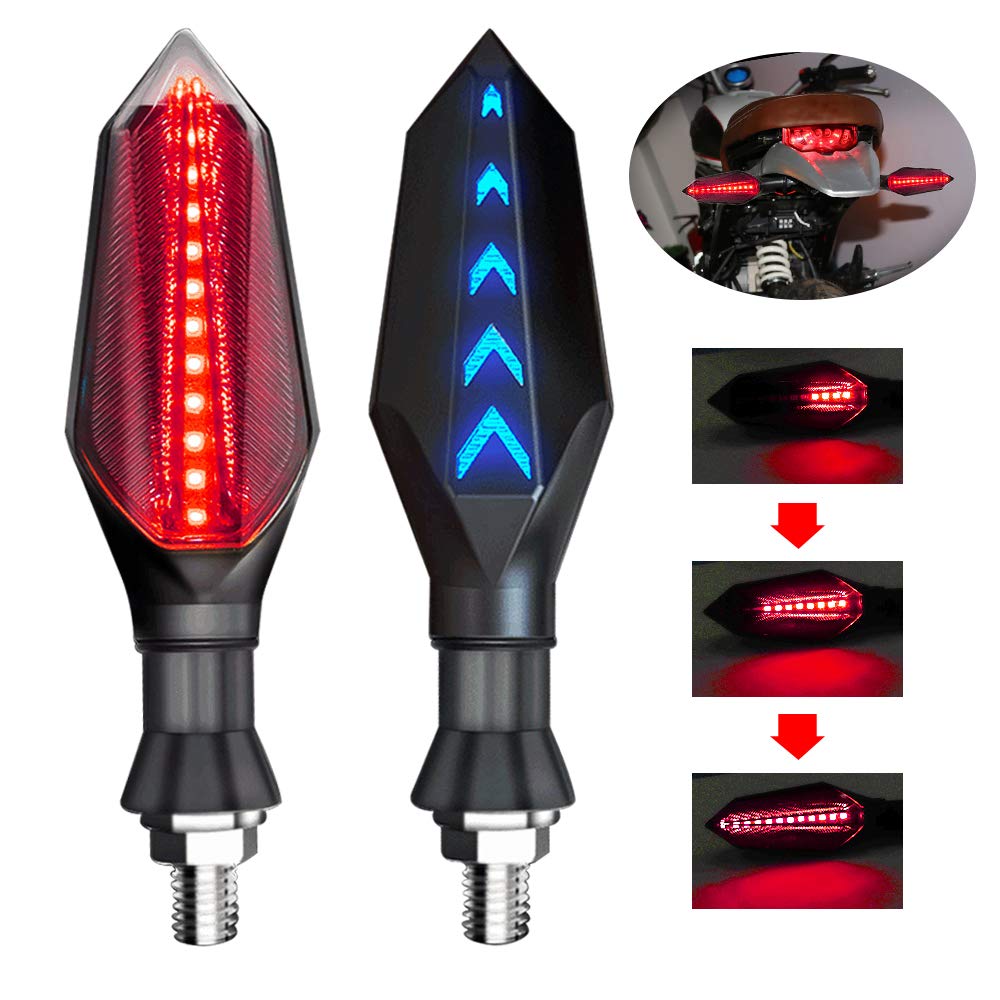 Universal Motorcycle LED Turn Signal Lights - 2-Pack Dual Color Front/Rear Indicators with Red Flowing & Blue Daytime Running Lights, Waterproof 12V 17LEDs - Perfect for Harley, Honda, Yamaha & Cruiser Bikes