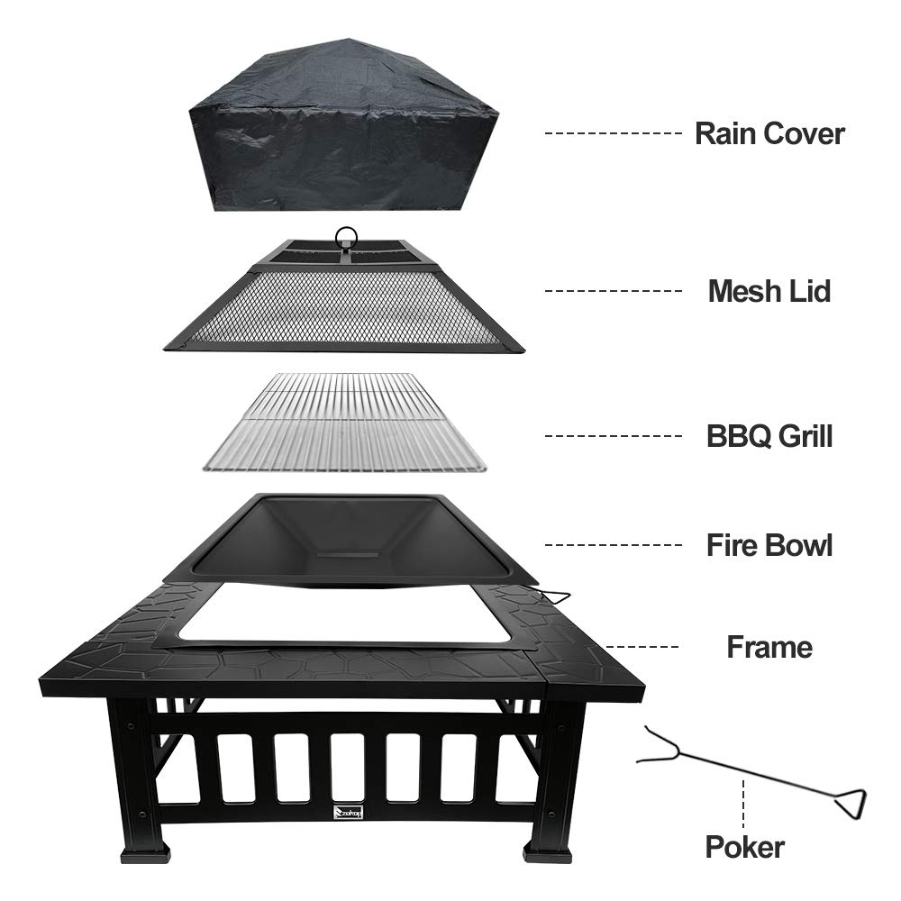 32 Inch Black Square Metal Fire Pit Table - Outdoor Wood Burning Firepit for Patio, Backyard, Camping - Perfect for Family Gatherings & Christmas Parties