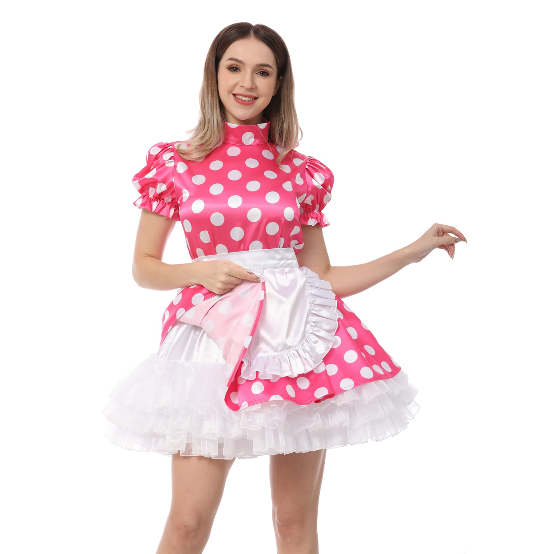 JOLINE Sissy Women's Vintage Maid Dress - Pink with White Polka Dots, Satin Puff Sleeve Costume for Cosplay, Role Play & Halloween Parties