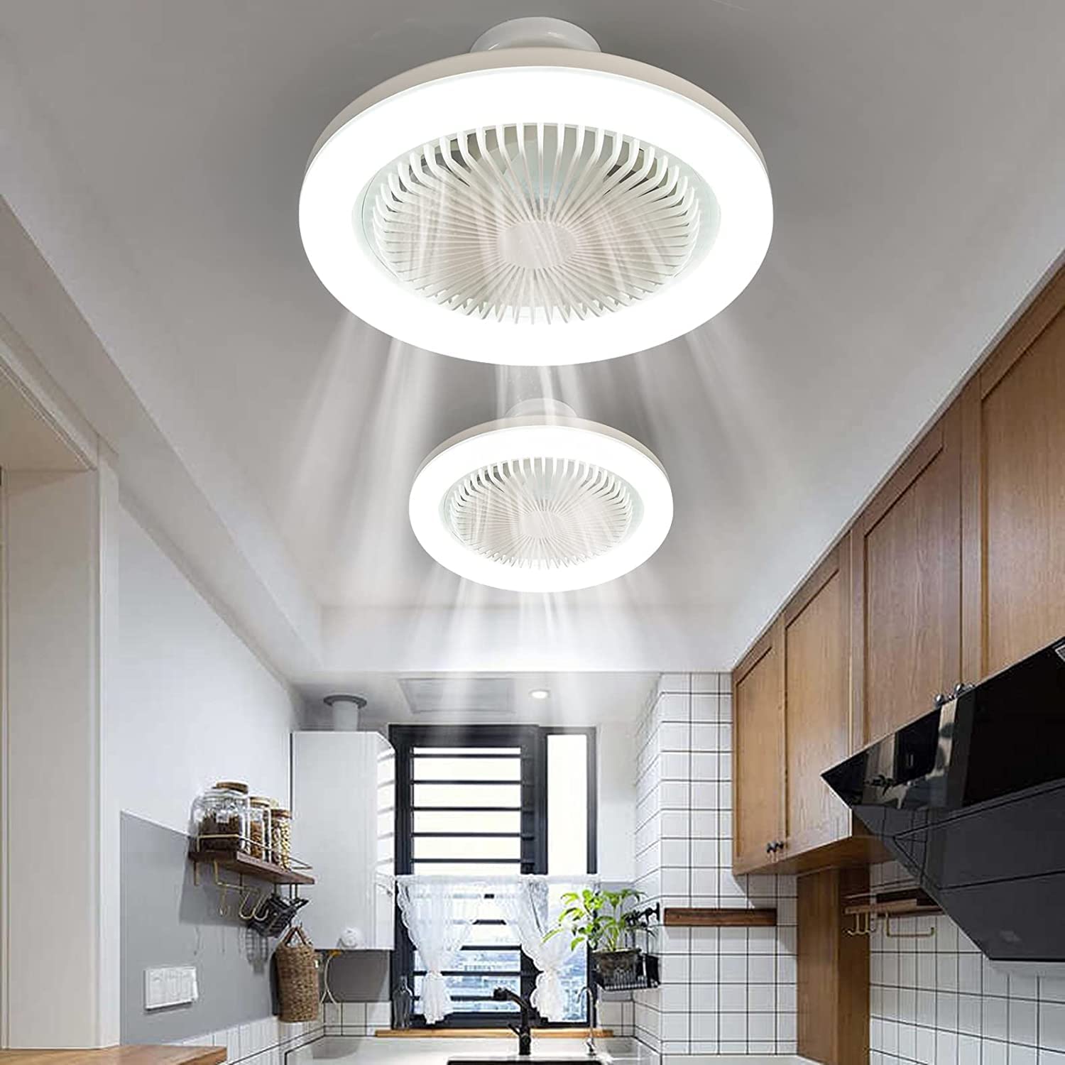 AHXIAOZN Low Profile Bladeless Ceiling Fan with LED Light - 28cm White Semi-Flush Mount Mini Ceiling Fan for Bedroom, Kitchen, Nursery & Small Spaces