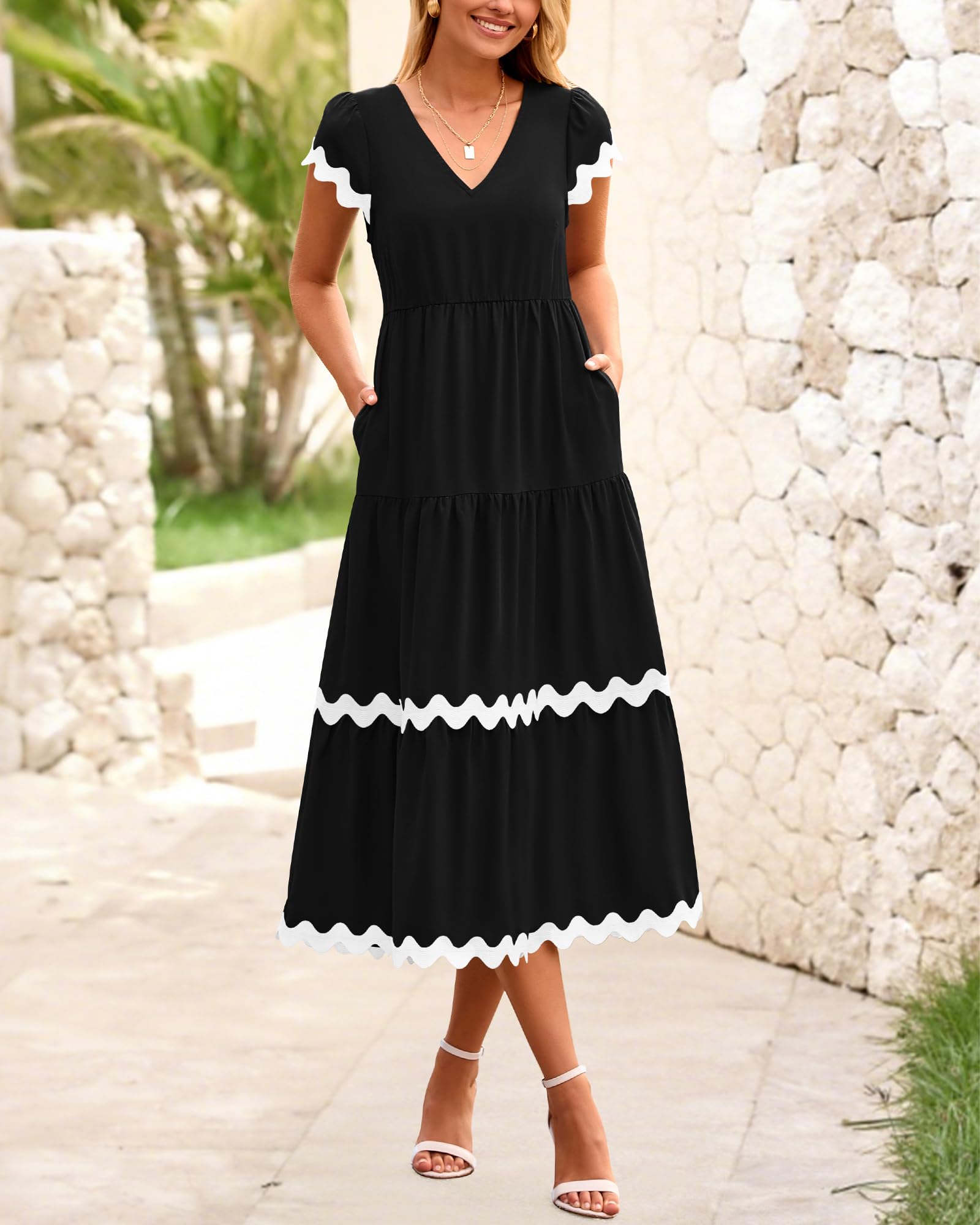 BTFBM Women's Flowy V-Neck Cap Sleeve Midi Dress with Pockets - Summer Beach Vacation Dress 2025 - Perfect for Casual Outings, Beach Getaways and Summer Parties