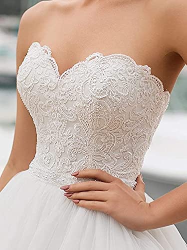 Elegant A-Line Lace Train Wedding Dress for Bride - Off Shoulder Strapless Long Tulle Gown with Applique Details | Perfect for Church Ceremonies, Beach Weddings & Romantic Photoshoots