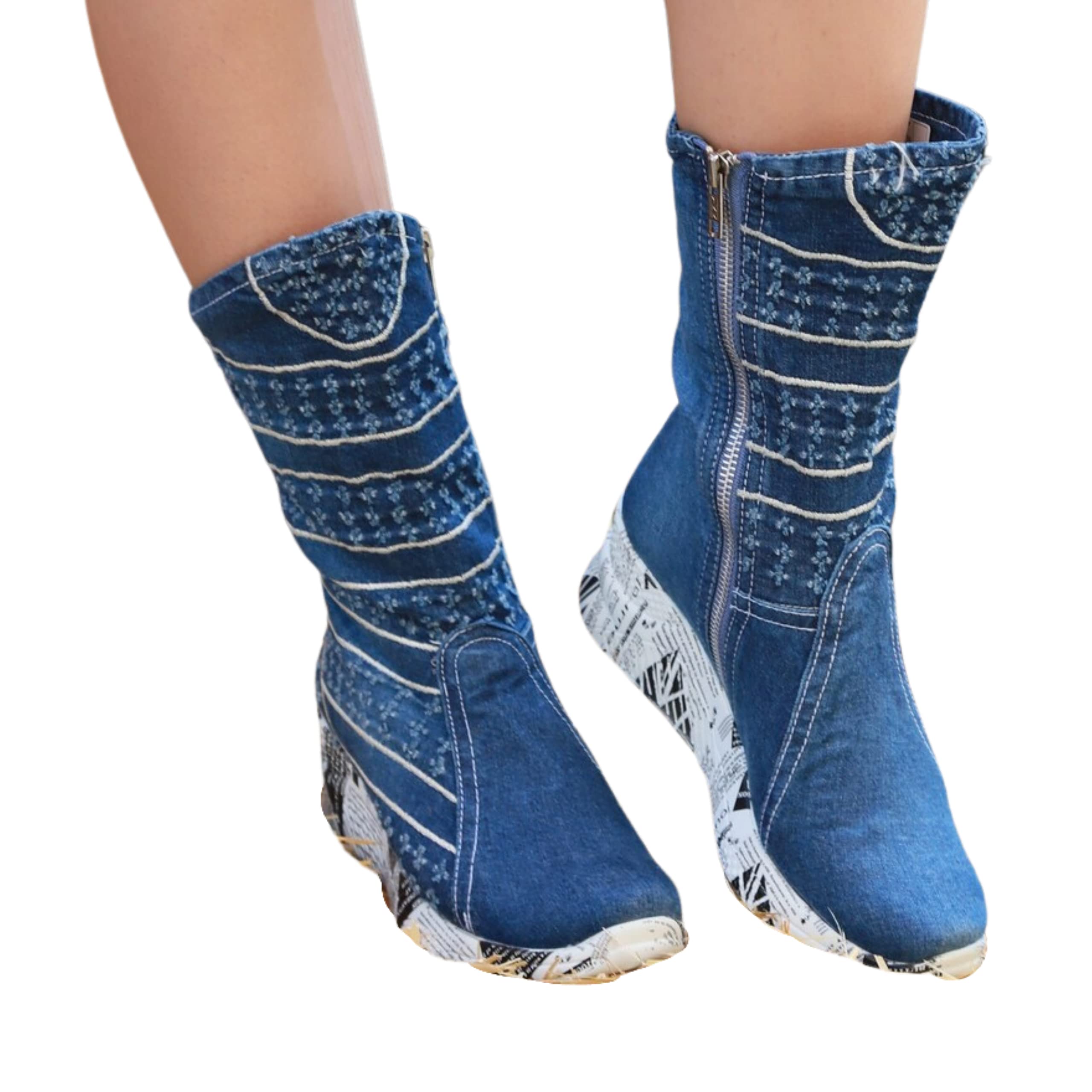 Stylish Women's Denim Boots - Handmade High Heel Sneaker Boots with Platform for Casual & Party Wear (Size 6.5, Blue) | Perfect Birthday Gift for Her | Great for Office, Dating & Night Out
