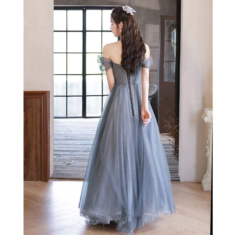 Elegant Off Shoulder Blue A-Line Prom Dress with Tulle Skirt & Bow Tie - Perfect for Evening Formal Parties, Homecoming, and Special Occasions