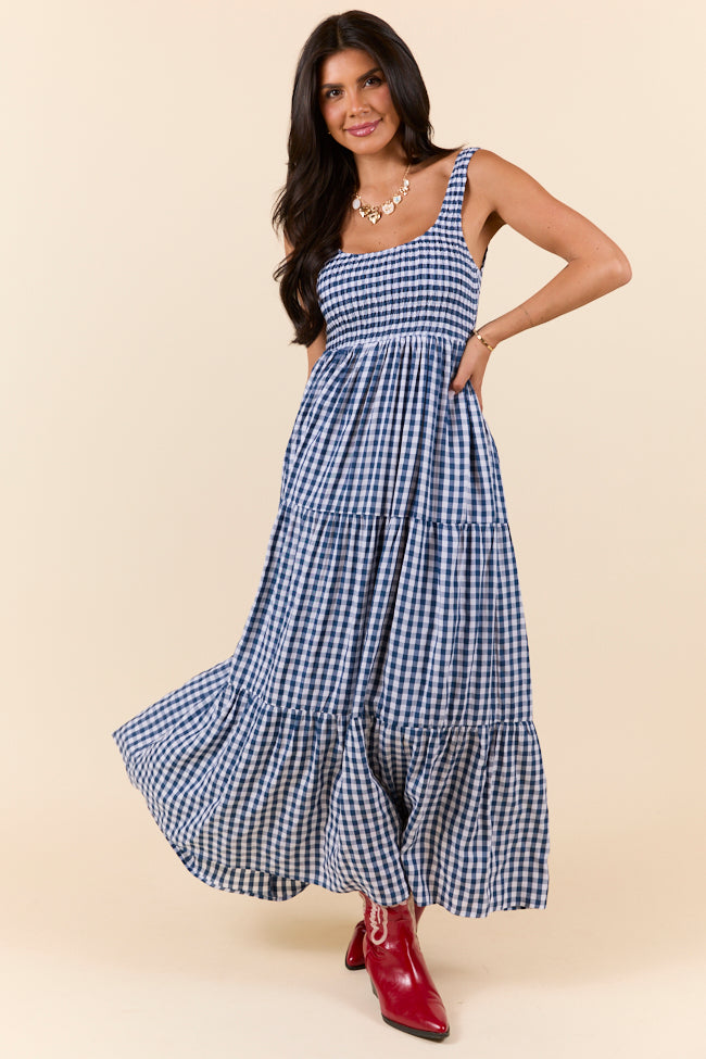 Navy Blue Gingham Maxi Dress for Women - Flowy Summer Beach Dress, Church Outfit & Casual Sundress - FINAL SALE