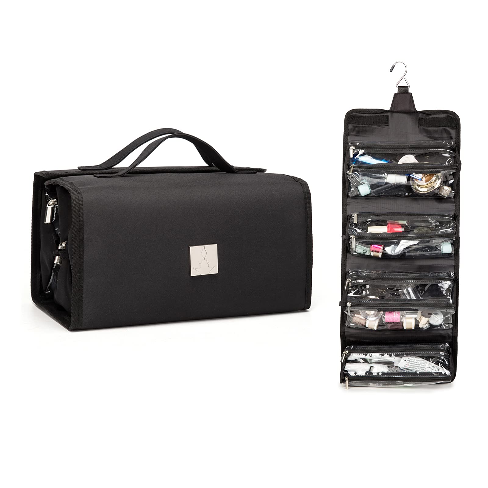 Roll Up Makeup Bag - Travel Toiletry Organizer with 4 Clear TSA Approved Pouches, Hanging Cosmetic Bag for Women & Men | Perfect for Air Travel, Gym, Camping & Daily Use
