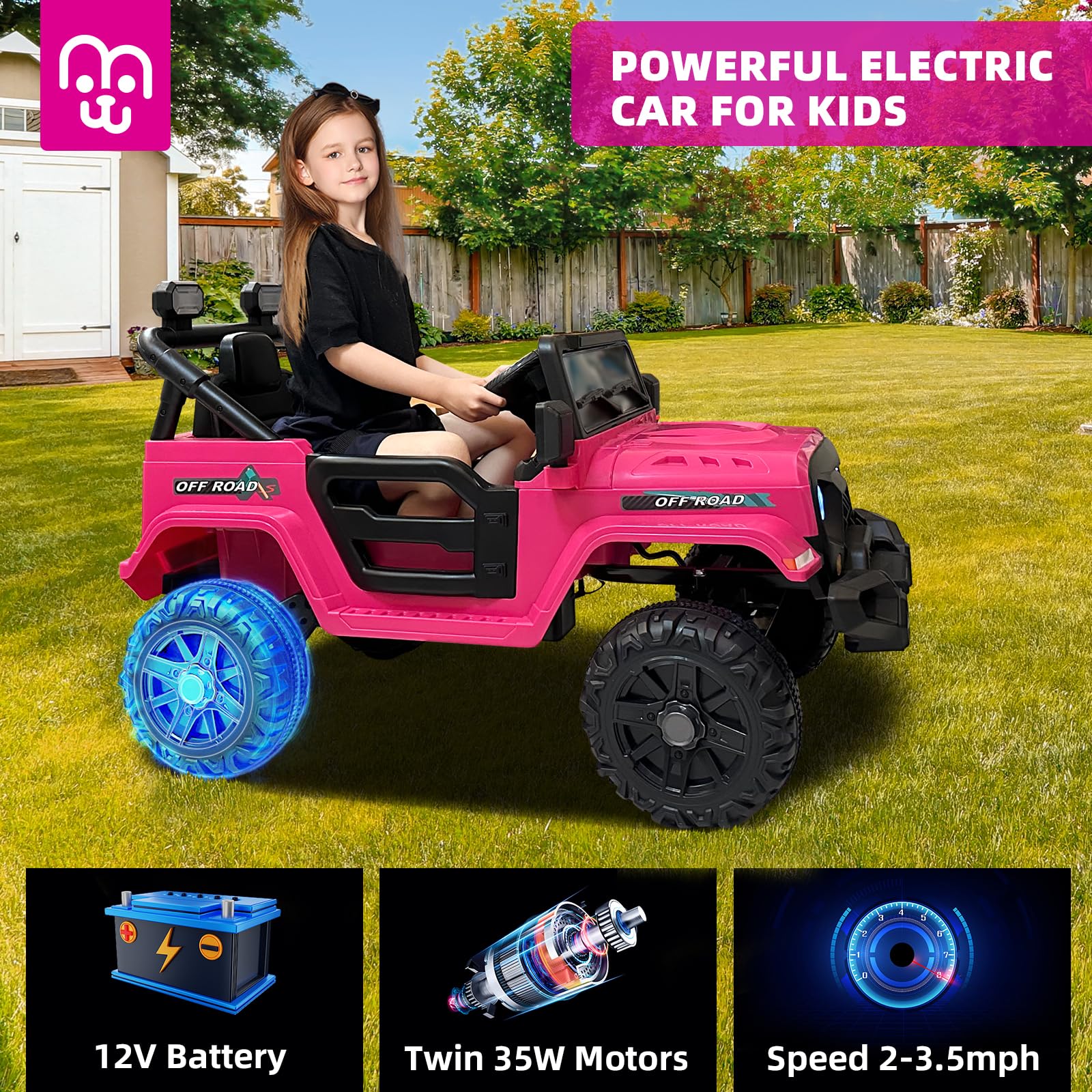 12V Kids Electric Ride-On Truck with Remote Control - 35W Twin Motors, 3.5MPH Max Speed, Bluetooth Music Player, LED Lights & Safety Belt - Perfect Gift for Boys & Girls (Rosy) - Ideal for Outdoor Play, Birthday Gifts & Family Fun