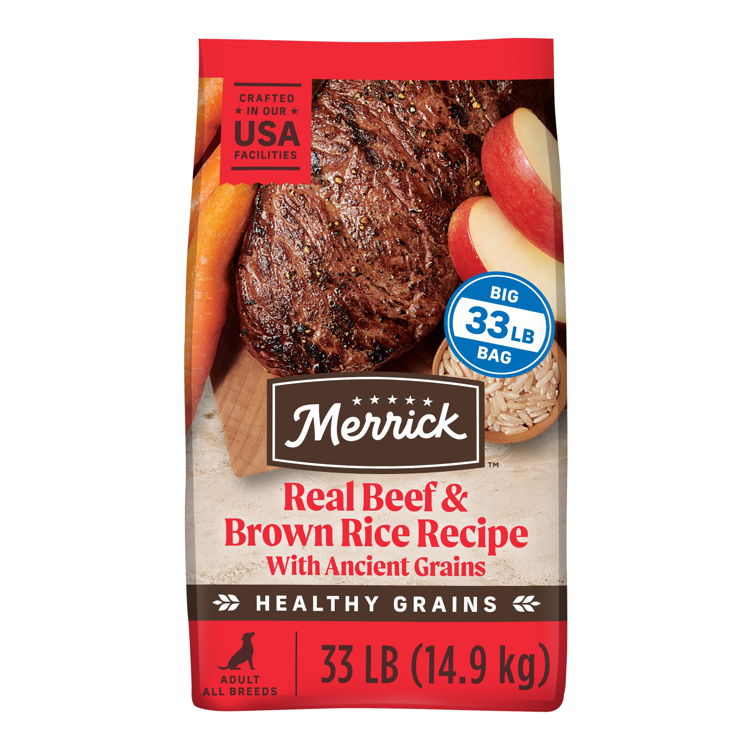 Merrick Healthy Grains Premium Adult Dry Dog Food - Natural Beef & Brown Rice Recipe - Wholesome Kibble for Large & Medium Dogs - 33 lb Bag - Perfect for Active Dogs & Daily Nutrition