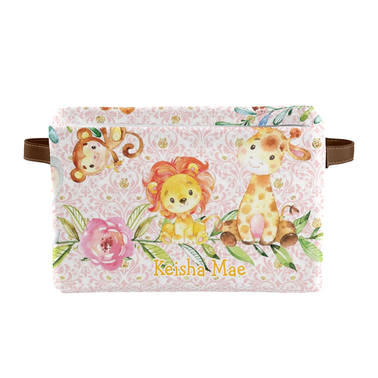 Sweet Safari Animals Floral Personalized Storage Bins - Foldable Fabric Baskets with Handles for Nursery, Pet Toys, Clothes Organization (Set of 4) | Perfect for Kids' Room, Playroom & Home Decor Storage Solutions