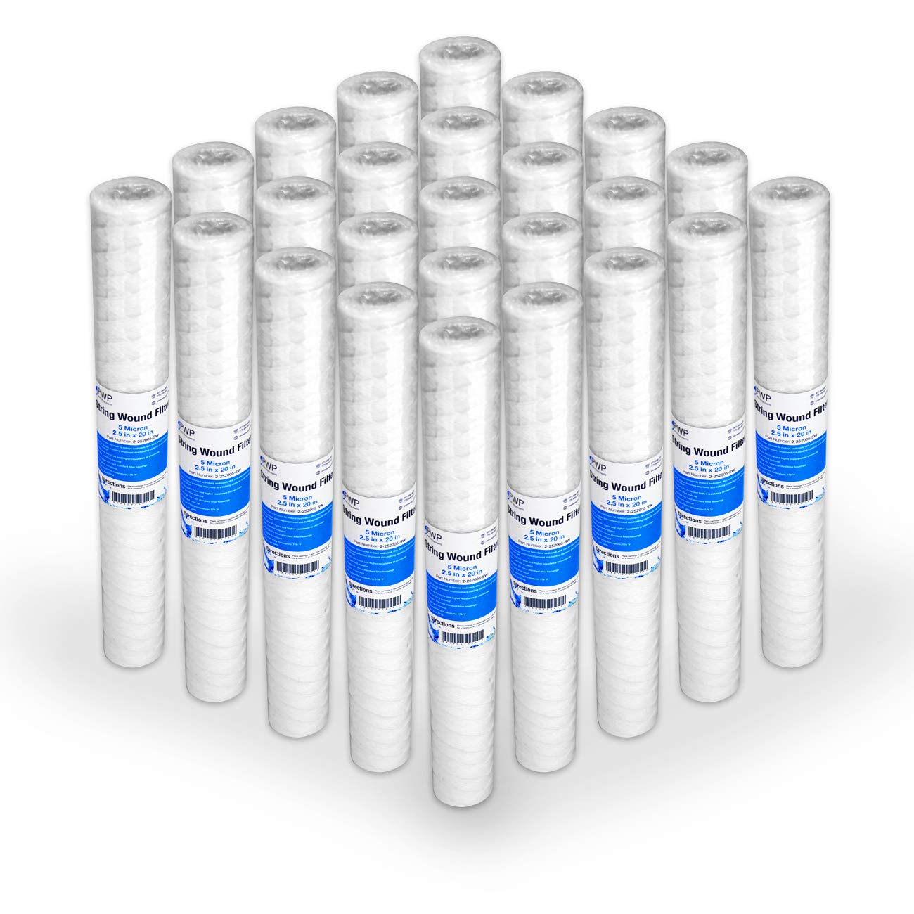 2.5x20 Inch 5 Micron String Wound Sediment Water Filter Cartridge - 25 Pack | For Whole House Water Filtration, Well Water Treatment & Sediment Removal