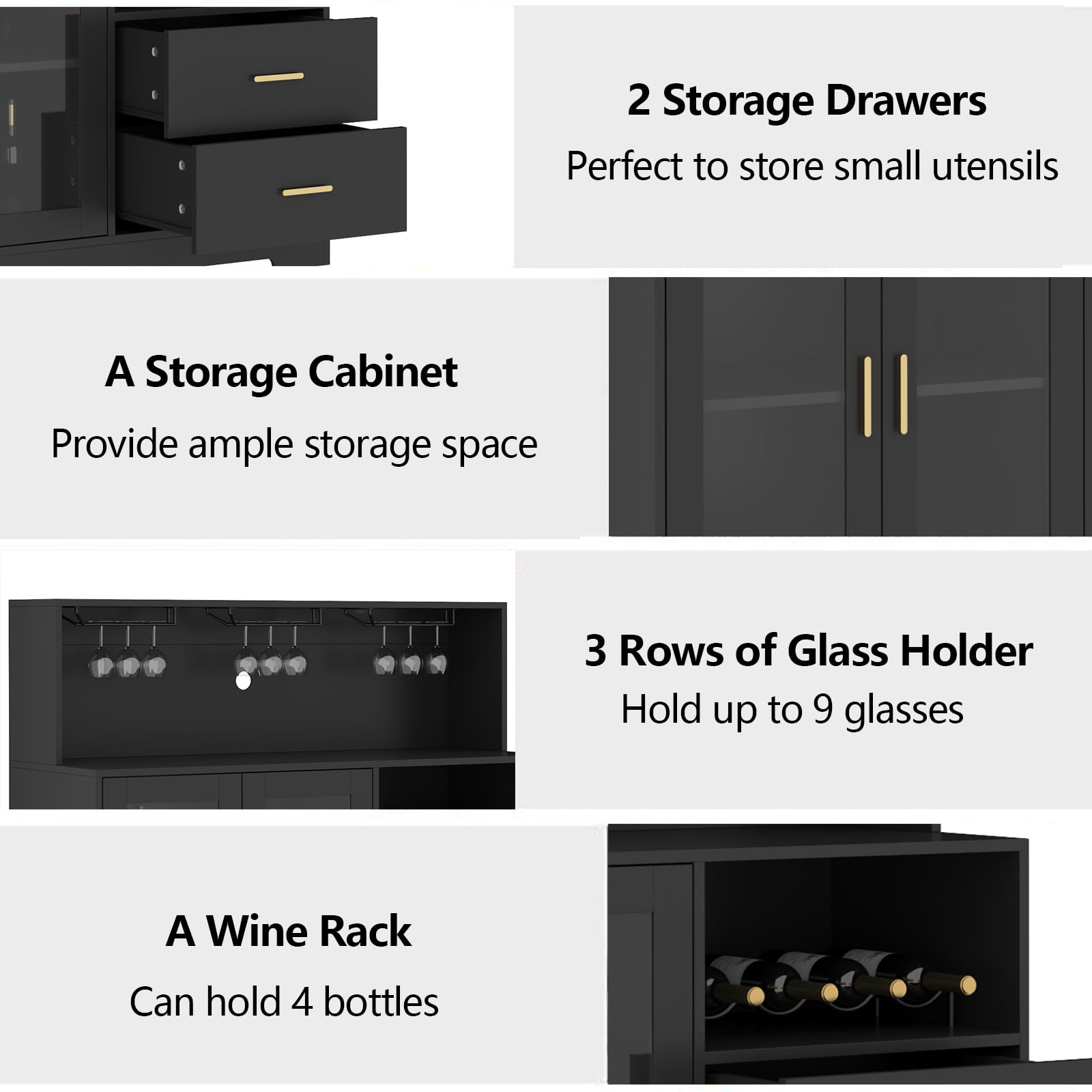 Modern LED Wine Bar Cabinet with Glass Rack & Storage Drawers - Kitchen Buffet Sideboard for Liquor, Coffee & Dining Essentials - Perfect for Living Room, Dining Room & Home Entertainment (Black)