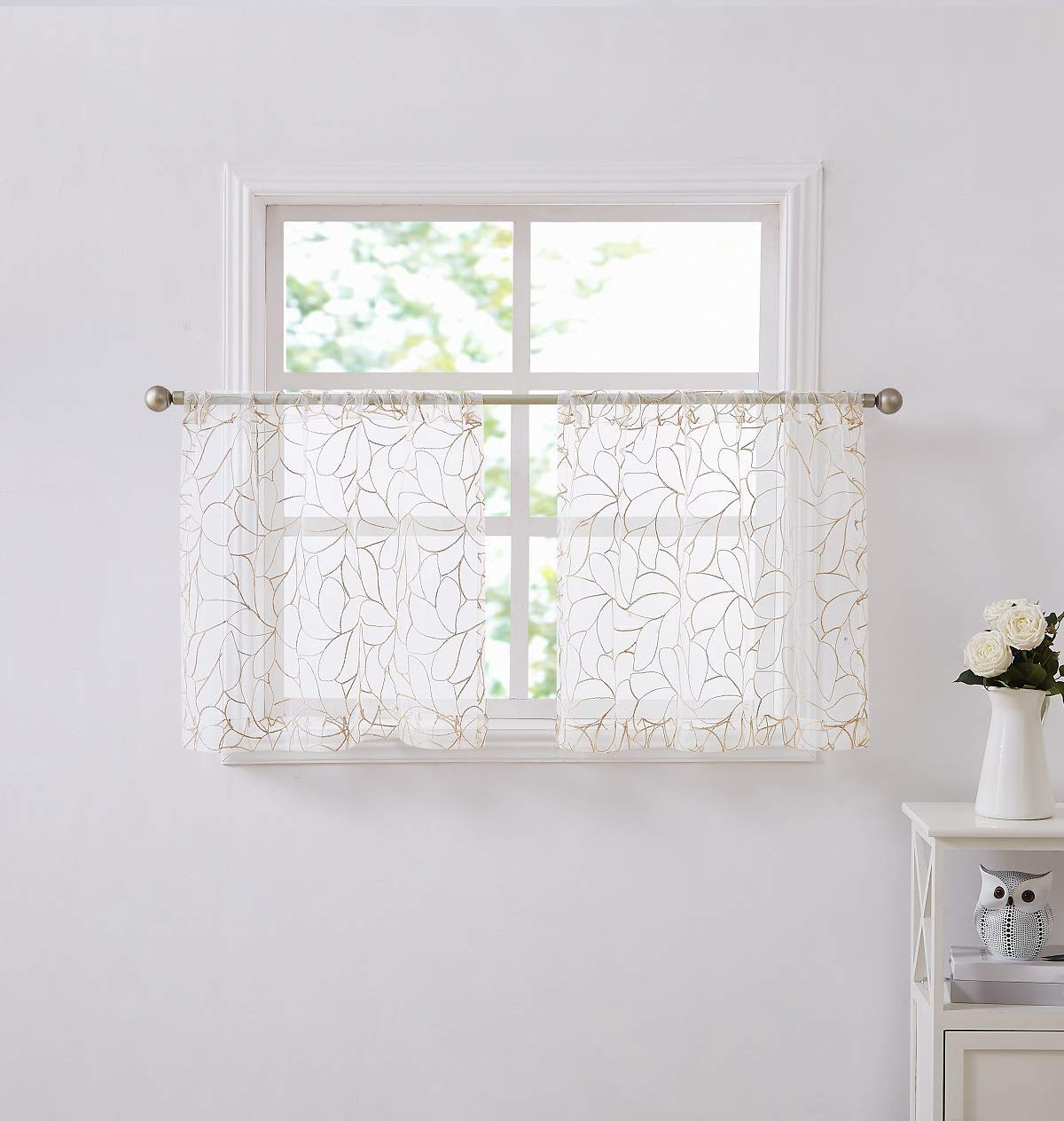WARM HOME DESIGNS 30x24 Inch Short White Kitchen Curtains Set of 2 - Brown Linen Thread Boho Cafe Curtains for RV, Basement, Bathroom & Farmhouse Windows - 24 Inch Linen Tier Curtain Panels for Cozy Home Decor