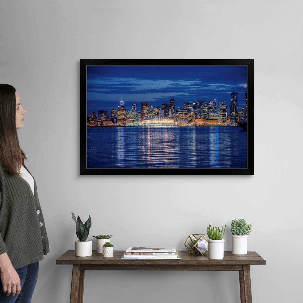 Vancouver Skyline At Night - British Black Framed Art Print - Modern Cityscape Wall Decor for Living Room, Office & Bedroom