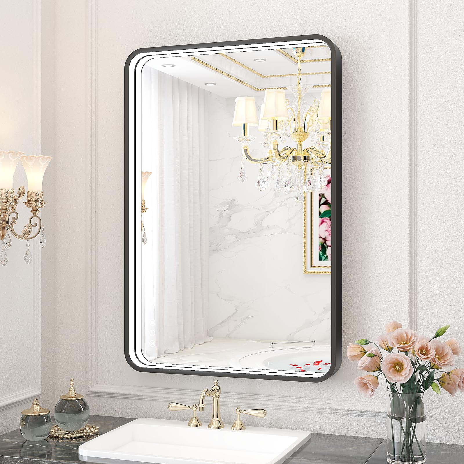 24x36 Inch LED Bathroom Mirror with Anti-Fog & Dimmable Lights - Black Framed Vanity Mirror for Home Decor