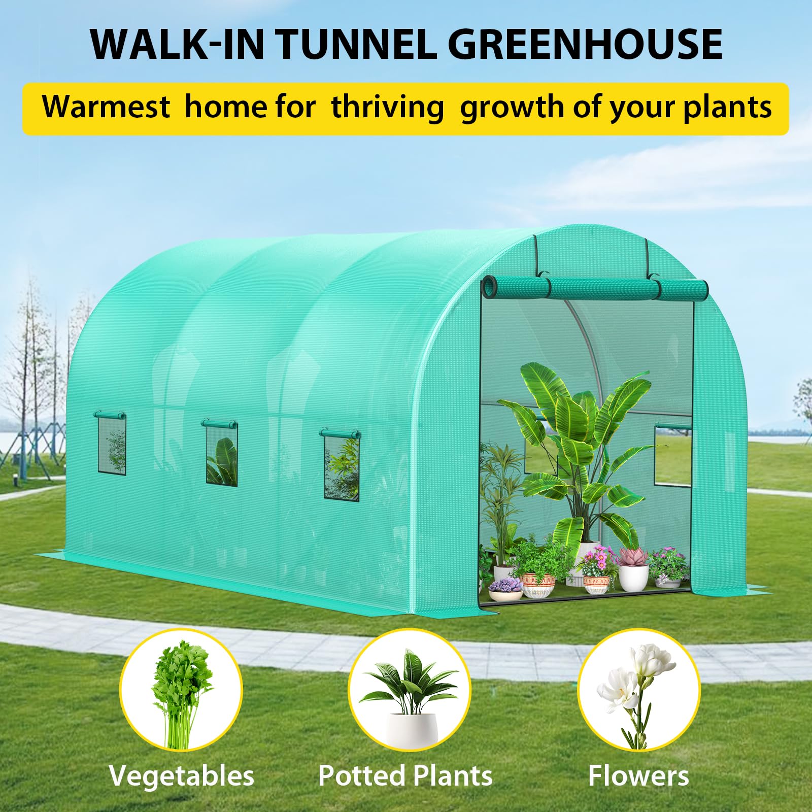 GARVEE 13'x8'x7' Walk In Greenhouse Tunnel with Galvanized Steel Frame - 140g/m² PE Cover, Roll-Up Zipper Door & 6 Vent Windows | Durable Hoop House for Gardening, Plant Protection & Year-Round Growing | Perfect for Backyards, Urban Farming & Hobby Gardeners