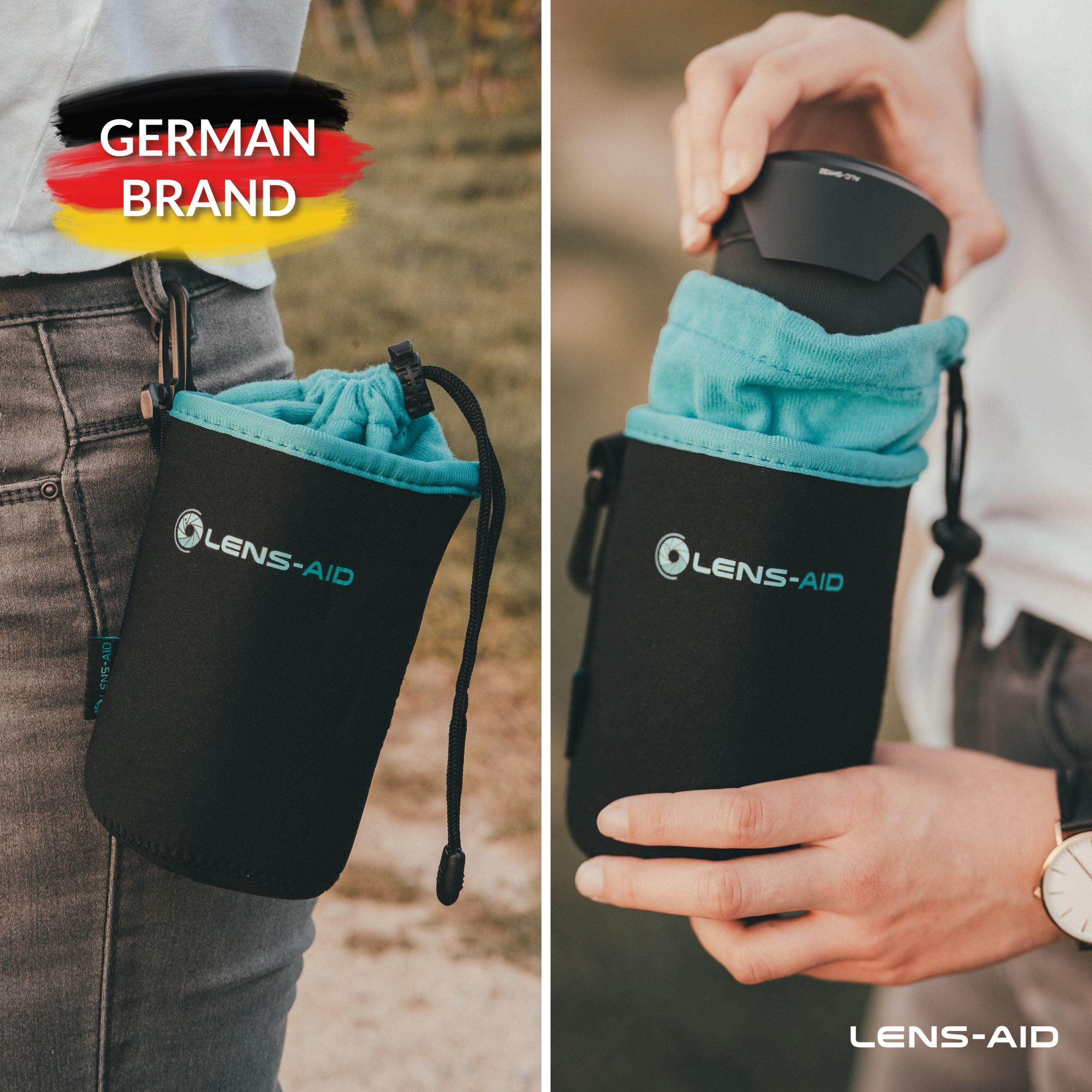 LENS-AID Neoprene Camera Lens Bag with Soft Fleece Lining - Protective Case with Padded Lens Pocket & Adjustable Lanyard - Medium Size (Blue) - Perfect for DSLR, Mirrorless & Travel Photography