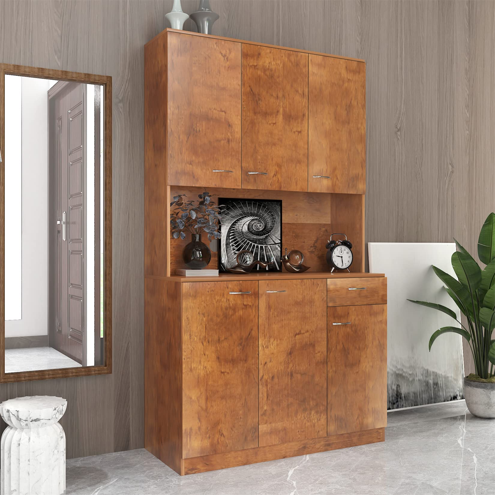 Bellemave 6-Door Kitchen Pantry Storage Cabinet with Adjustable Shelves - Freestanding Buffet Hutch with Microwave Stand & Drawer for Home & Office (Walnut) - Perfect for Small Kitchens, Dining Rooms & Office Storage
