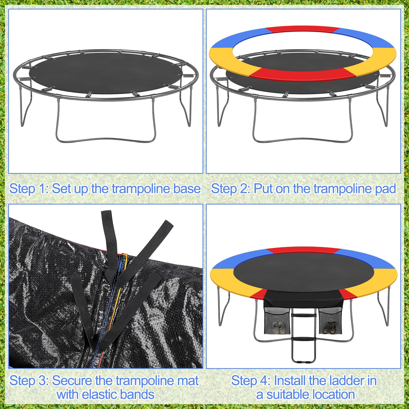 Trampoline Accessory Set - Safety Pad, Wide Step Ladder & Storage Bag | Spring Cover Replacement for Indoor/Outdoor Trampolines | Perfect for Backyard Fun, Kids Play & Exercise