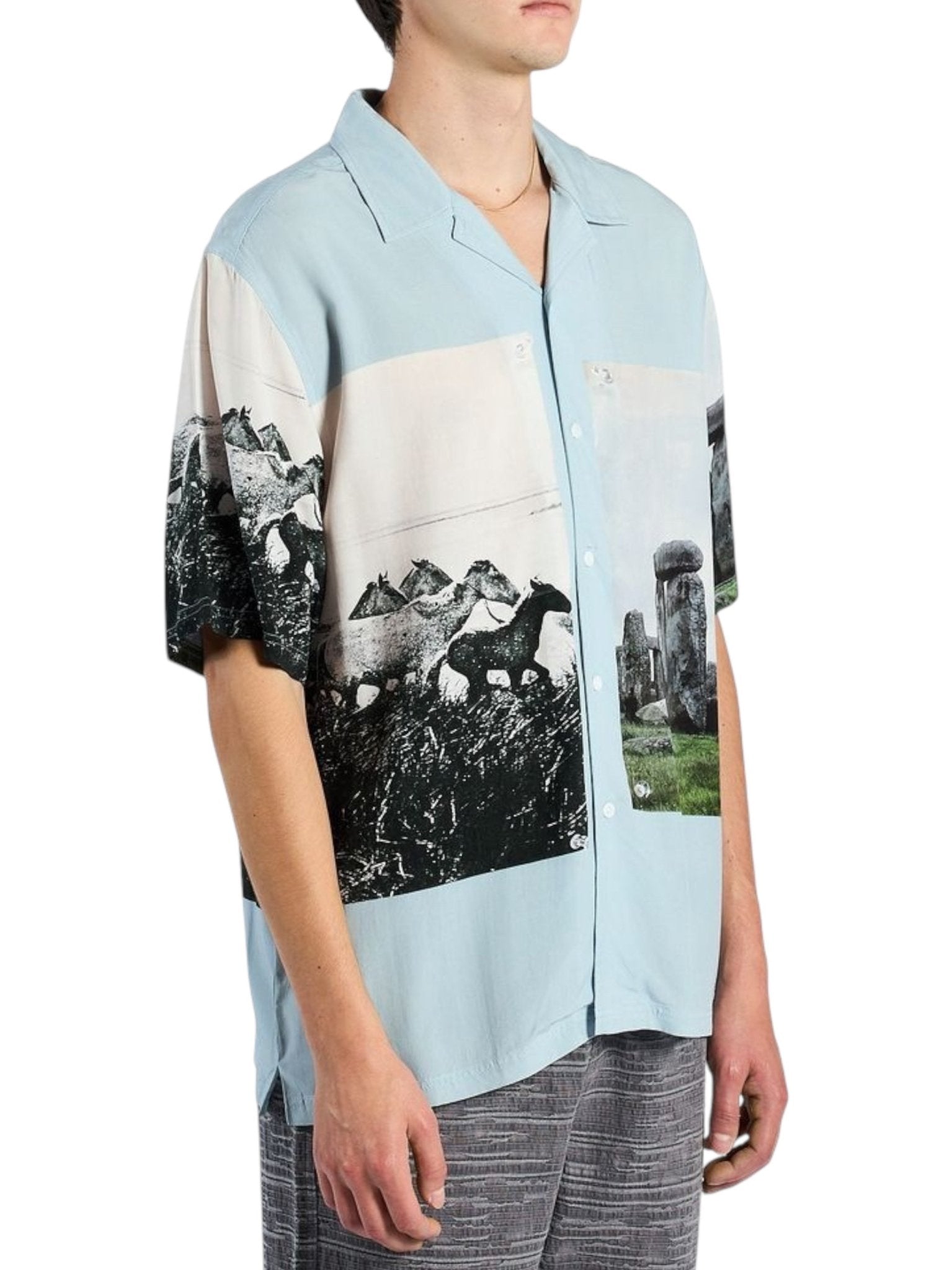 Pleasures Stone Horse Button Down Shirt for Men - Stylish Blue Casual Dress Shirt for Work, Parties & Everyday Wear