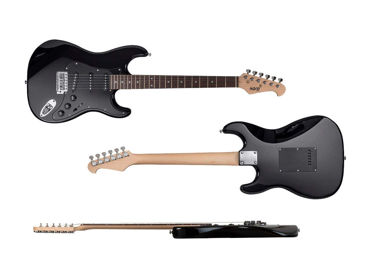 Monoprice Cali Classic Electric Guitar - Black, 6-String Solid Body with Double-Cutaway & SSS Pickups, Right-Handed, Includes Gig Bag - Ideal for Beginners & Practice Sessions - Indio Series